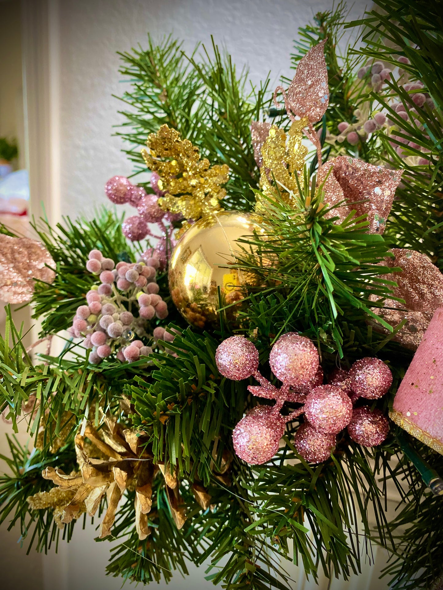 Pink Velvet Christmas Wreath and Garland Set,  Artificial Luxury LED Lighted, Holiday Decor