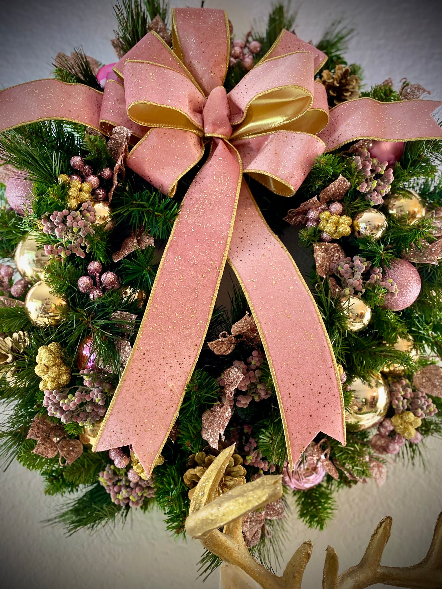 Pink Velvet Christmas Wreath and Garland Set,  Artificial Luxury LED Lighted, Holiday Decor