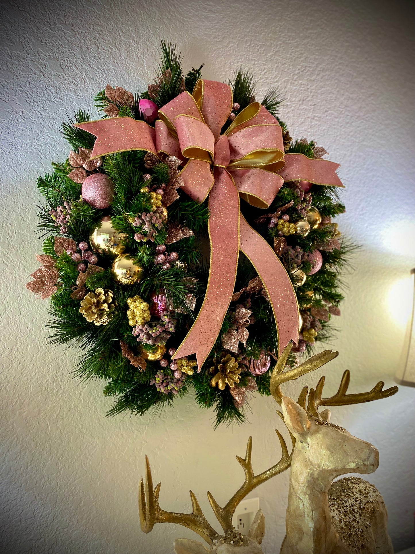 Pink Velvet Christmas Wreath and Garland Set,  Artificial Luxury LED Lighted, Holiday Decor