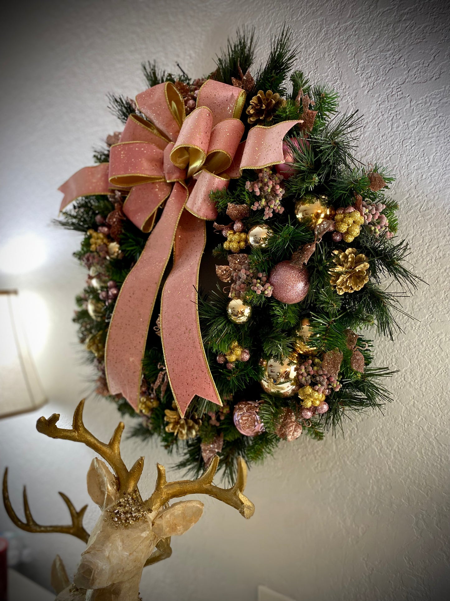 Pink Velvet Christmas Wreath,  Artificial Cordless LED Lights, 25 Inch