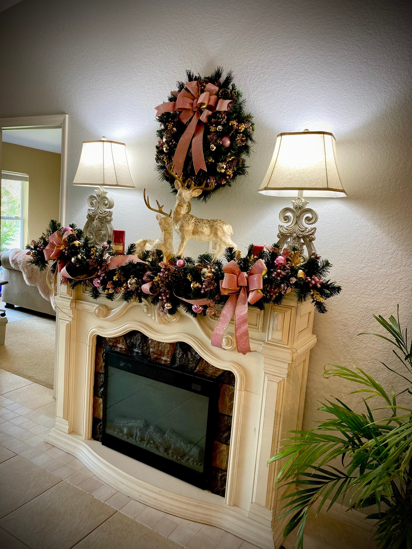 Pink Velvet Christmas Wreath and Garland Set,  Artificial Luxury LED Lighted, Holiday Decor