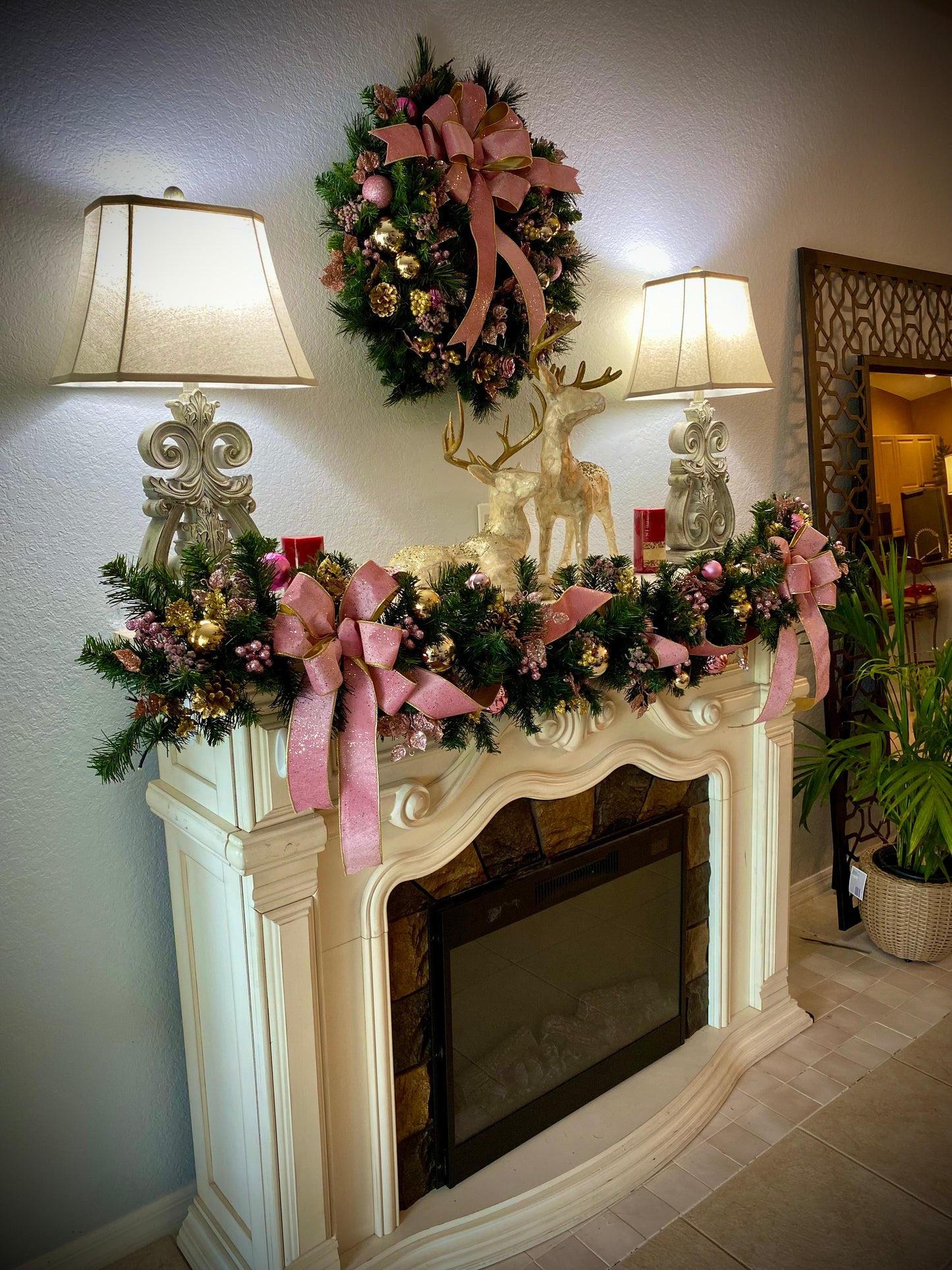 Pink Velvet Christmas Wreath and Garland Set,  Artificial Luxury LED Lighted, Holiday Decor