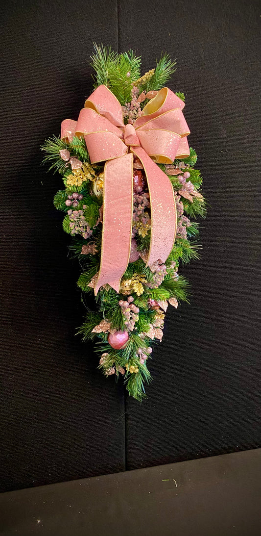 Pink Velvet Christmas Teardrop Swag, Lighted Cordless Artificial Swag, Holiday Door Decor