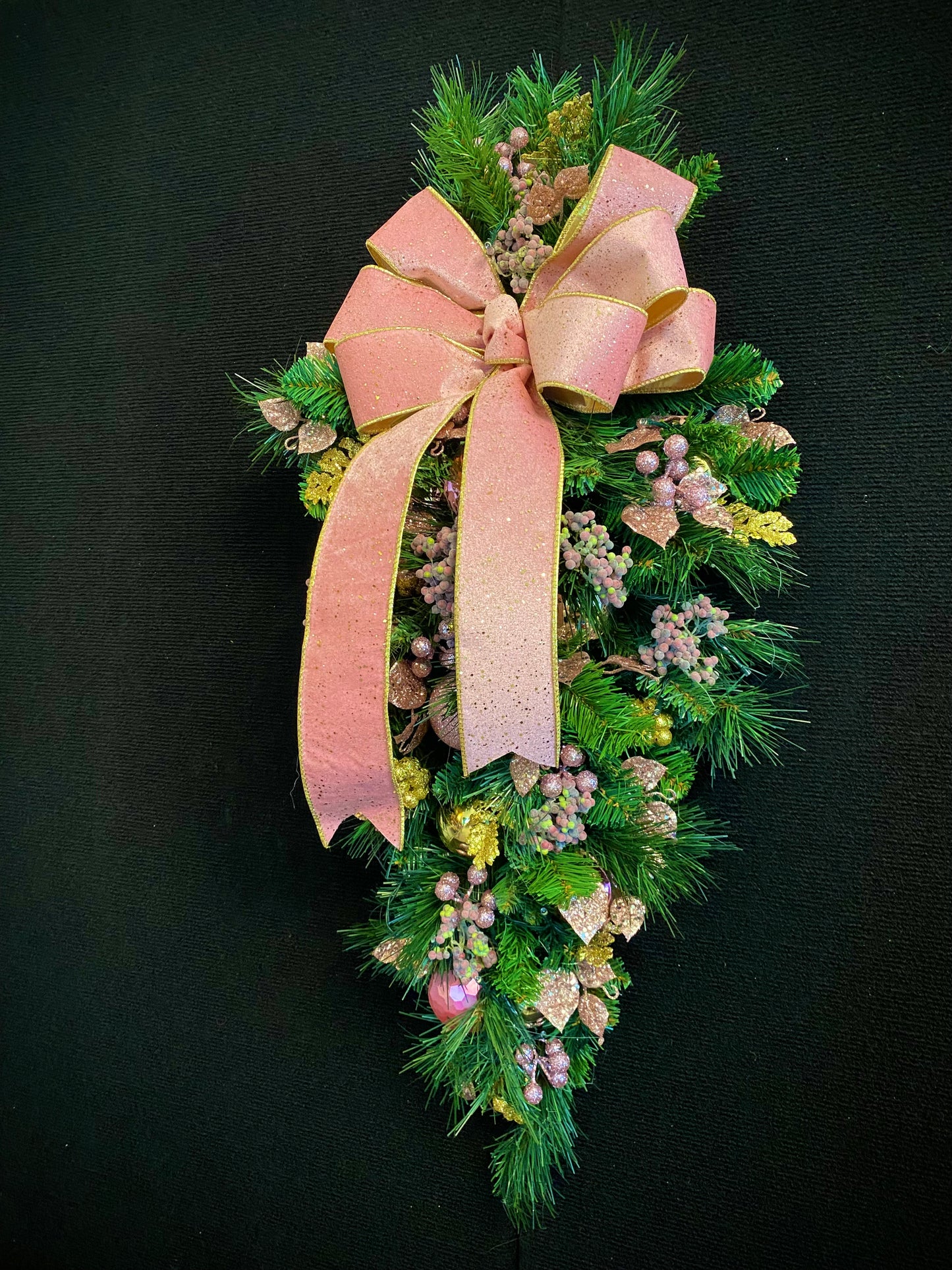 Pink Velvet Christmas Teardrop Swag, Lighted Cordless Artificial Swag, Holiday Door Decor
