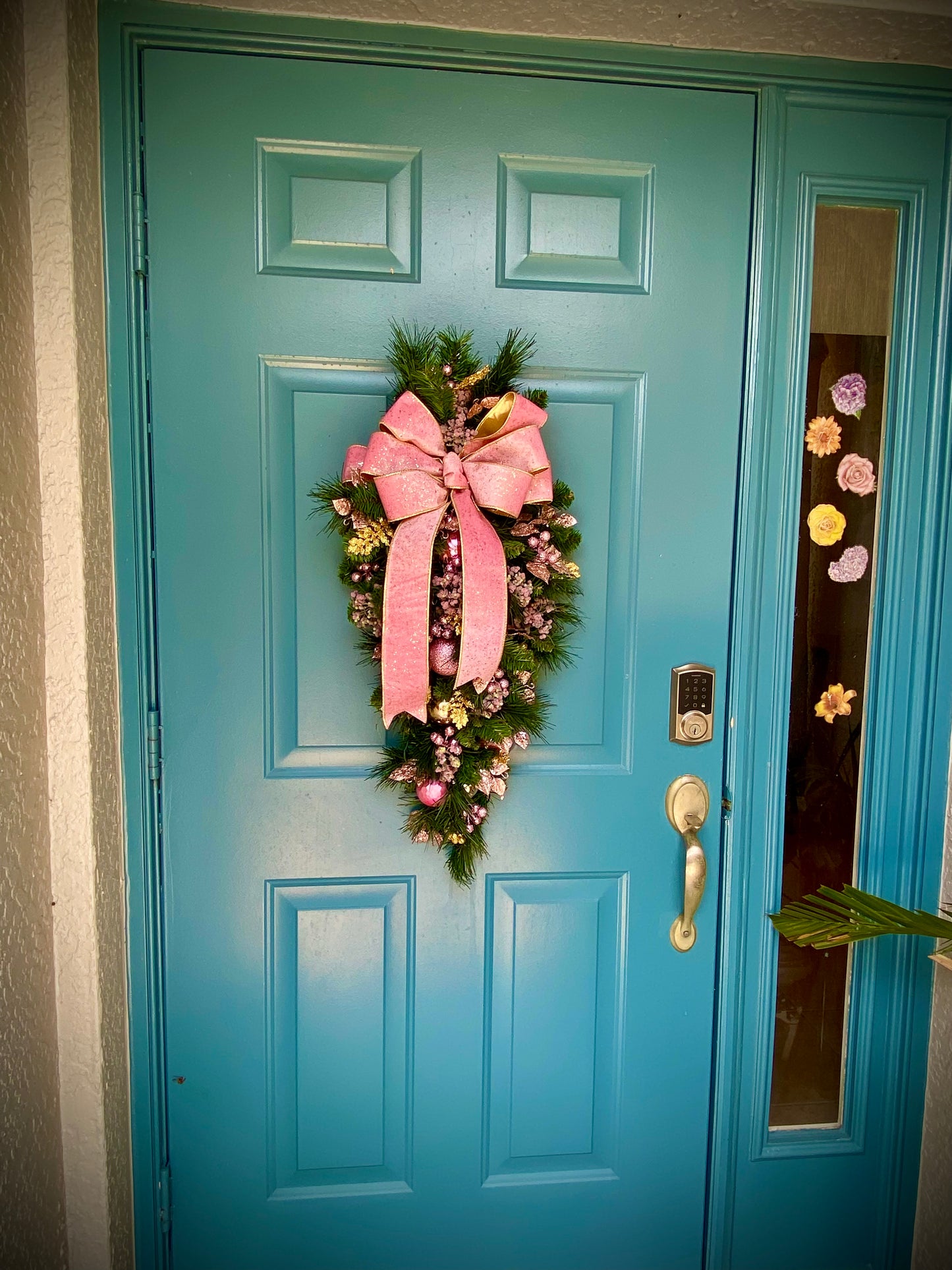 Pink Velvet Christmas Teardrop Swag, Lighted Cordless Artificial Swag, Holiday Door Decor