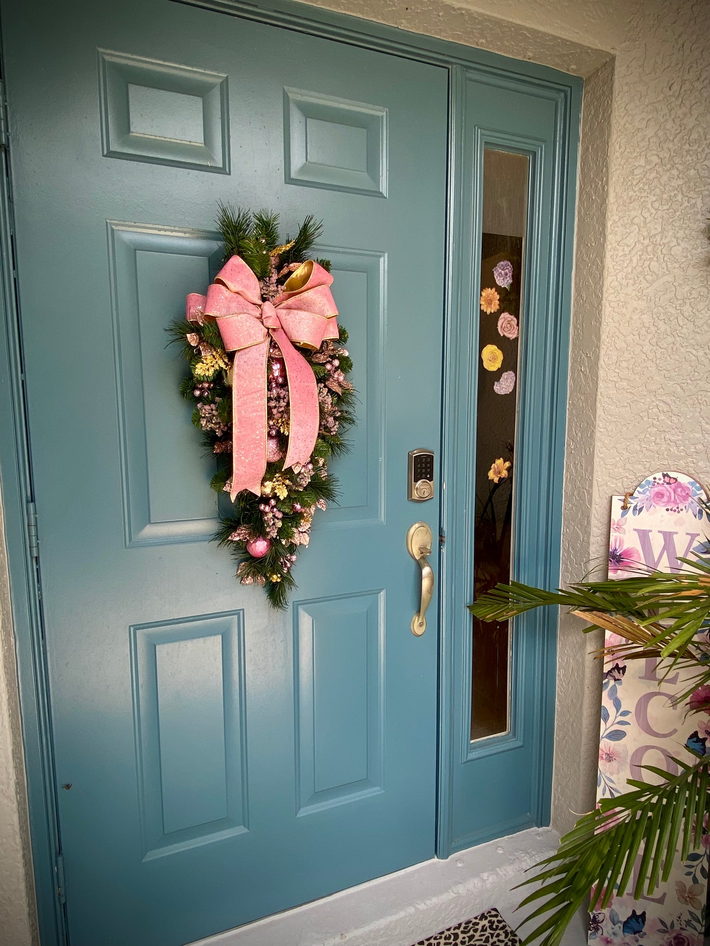Pink Velvet Christmas Teardrop Swag, Lighted Cordless Artificial Swag, Holiday Door Decor