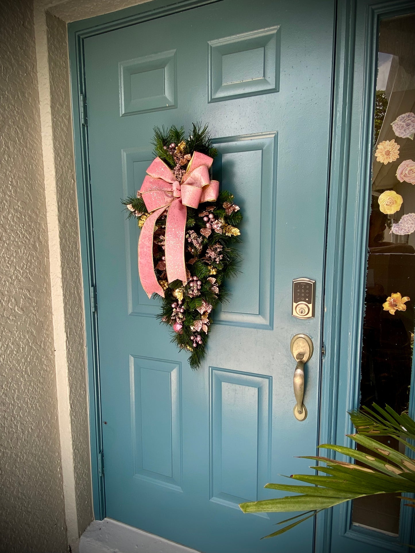 Pink Velvet Christmas Teardrop Swag, Lighted Cordless Artificial Swag, Holiday Door Decor