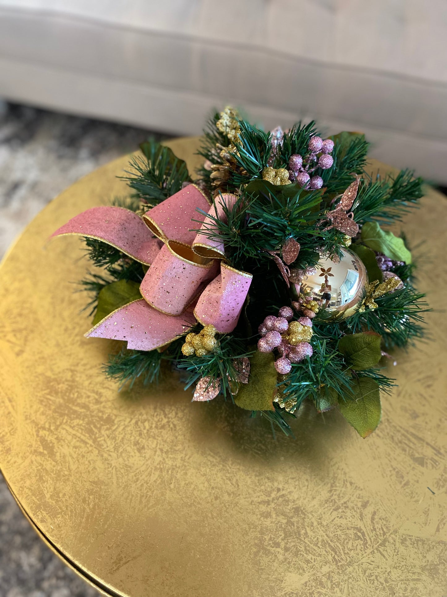 Luxury Pink velvet and gold trimmed ribbon bow. Charming centerpiece for your table. Artificial Decor , LED light  with Automatic timer-ed lights.