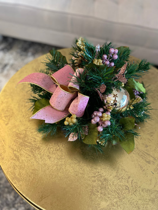Luxury Pink velvet and gold trimmed ribbon bow. Charming centerpiece for your table. Artificial Decor , LED light  with Automatic timer-ed lights.