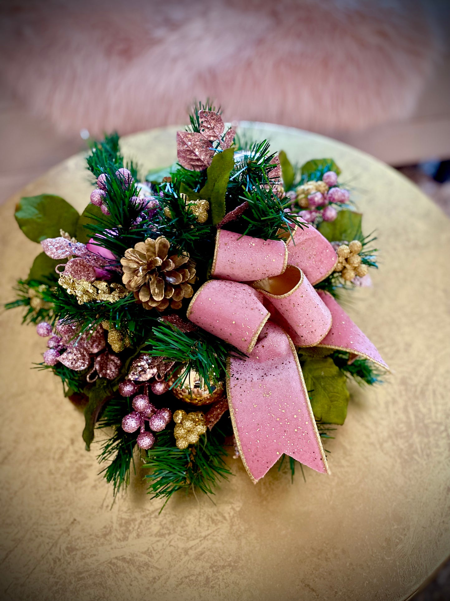 Luxury Pink velvet and gold trimmed ribbon bow. Charming centerpiece for your table. Artificial Decor , LED light  with Automatic timer-ed lights.