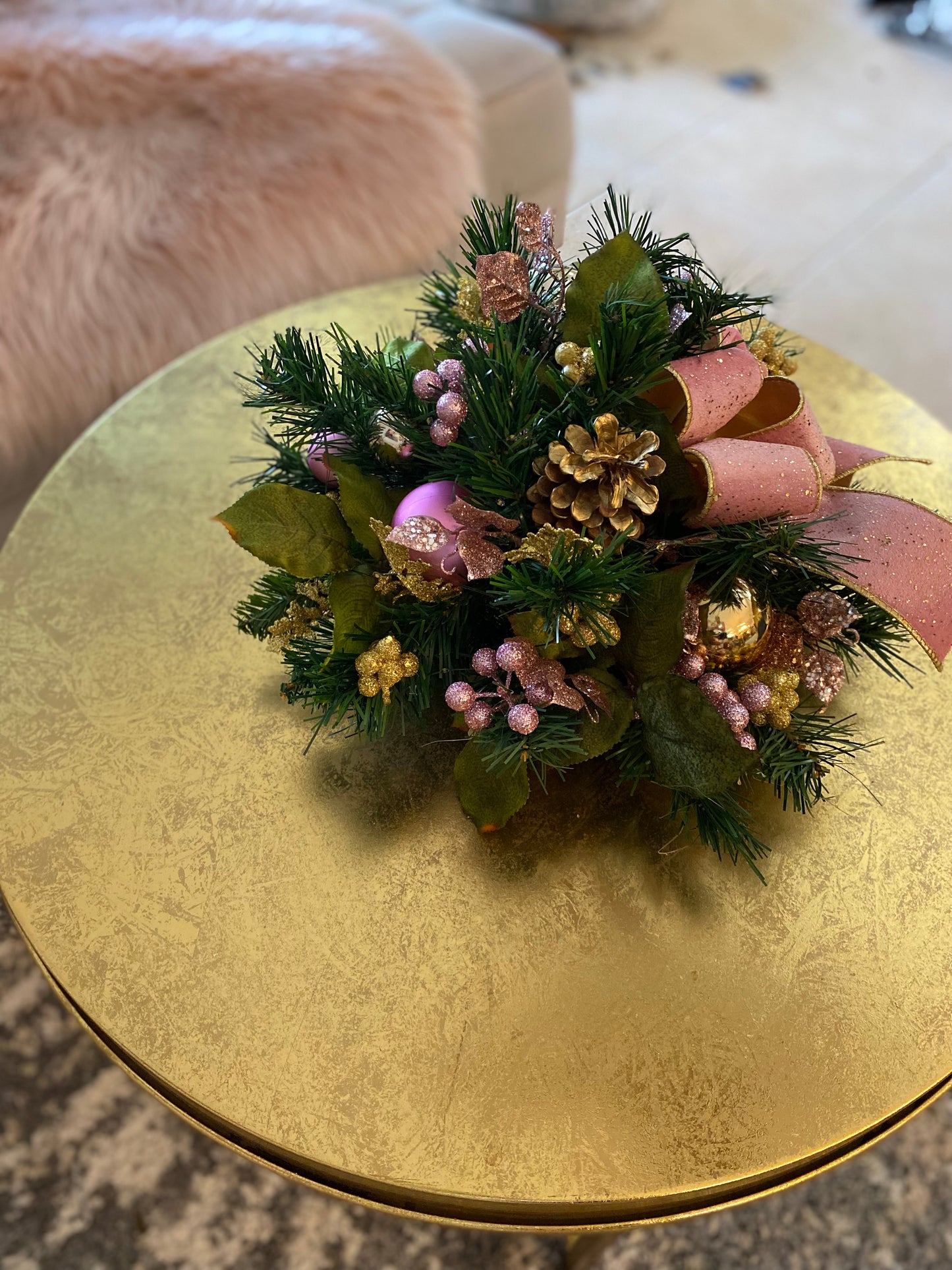 Luxury Pink velvet and gold trimmed ribbon bow. Charming centerpiece for your table. Artificial Decor , LED light  with Automatic timer-ed lights.