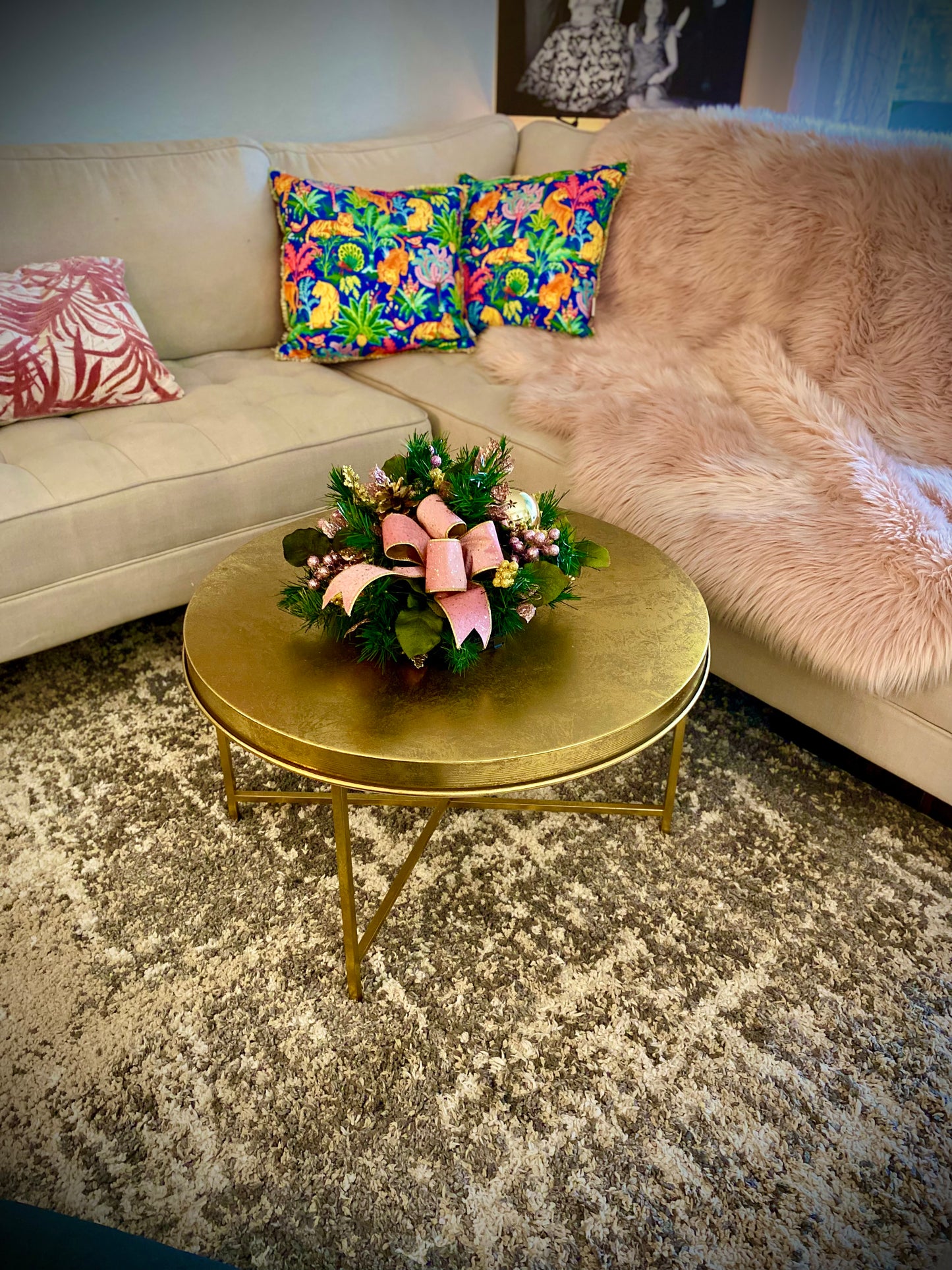 Luxury Pink velvet and gold trimmed ribbon bow. Charming centerpiece for your table. Artificial Decor , LED light  with Automatic timer-ed lights.