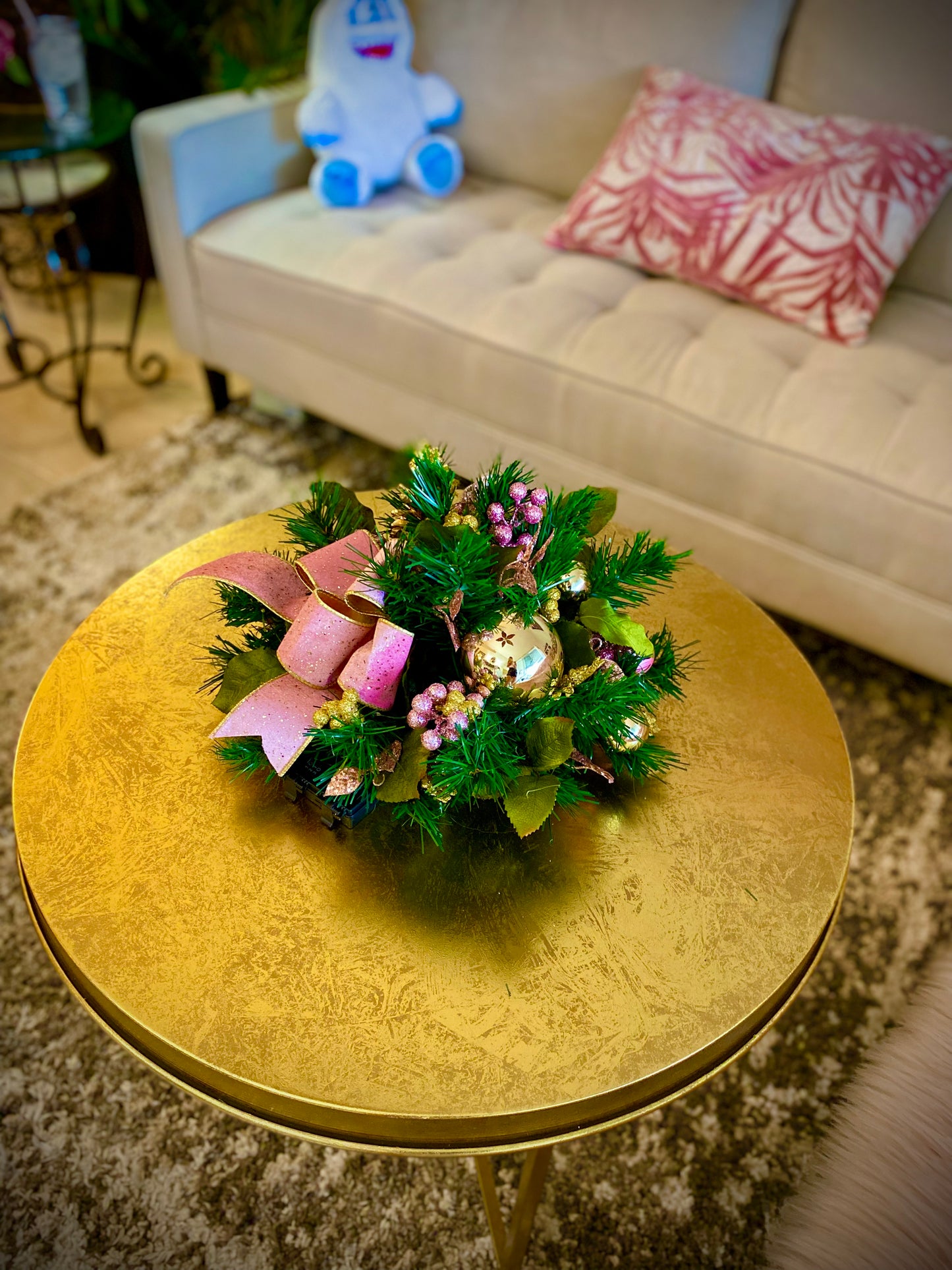 Luxury Pink velvet and gold trimmed ribbon bow. Charming centerpiece for your table. Artificial Decor , LED light  with Automatic timer-ed lights.