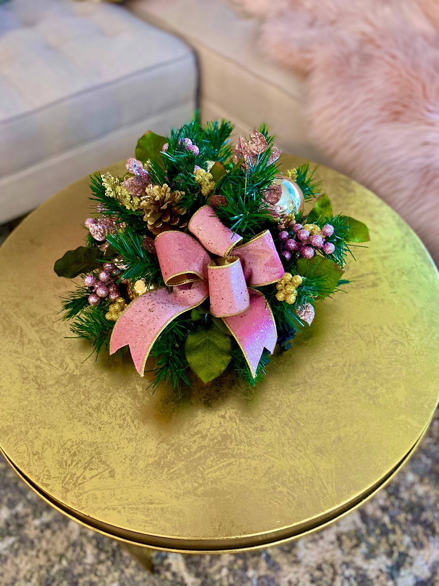 Luxury Pink velvet and gold trimmed ribbon bow. Charming centerpiece for your table. Artificial Decor , LED light  with Automatic timer-ed lights.
