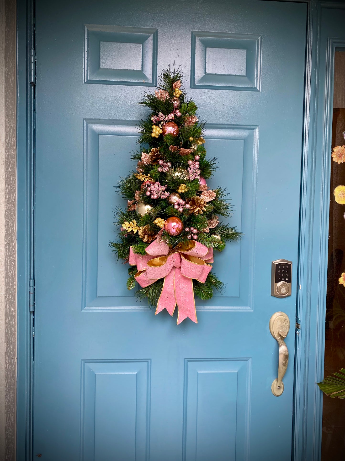 Pink Velvet Christmas Teardrop Swag, Lighted Cordless Artificial Wall Tree, Holiday Door Decor