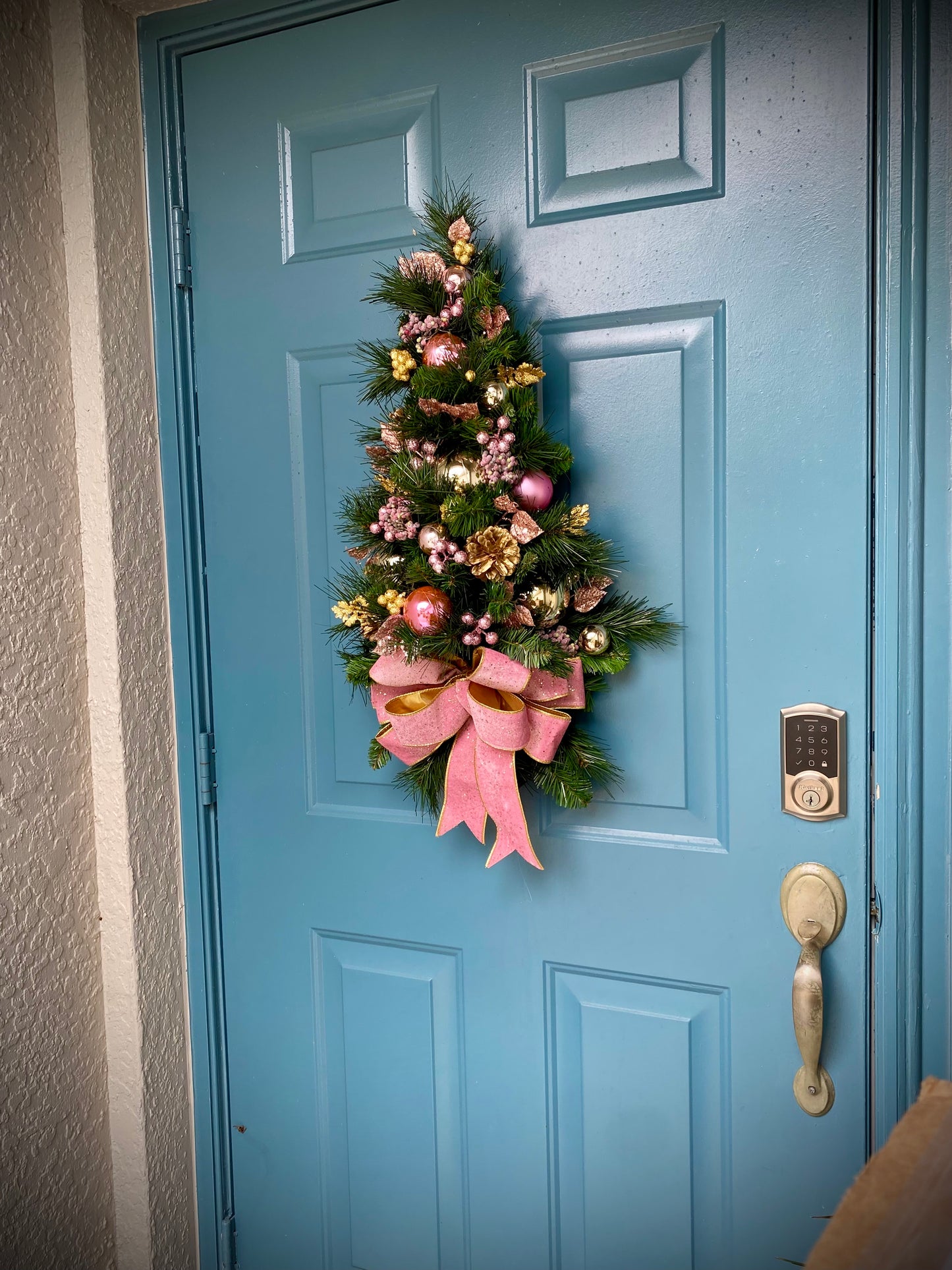 Pink Velvet Christmas Teardrop Swag, Lighted Cordless Artificial Wall Tree, Holiday Door Decor