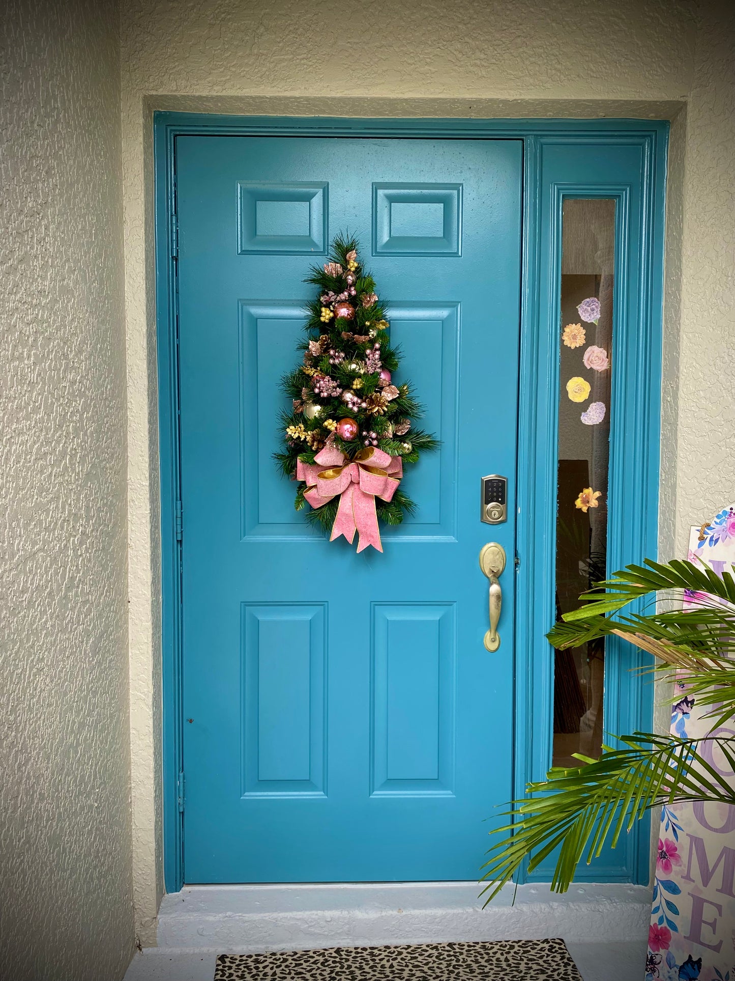 Pink Velvet Christmas Teardrop Swag, Lighted Cordless Artificial Wall Tree, Holiday Door Decor