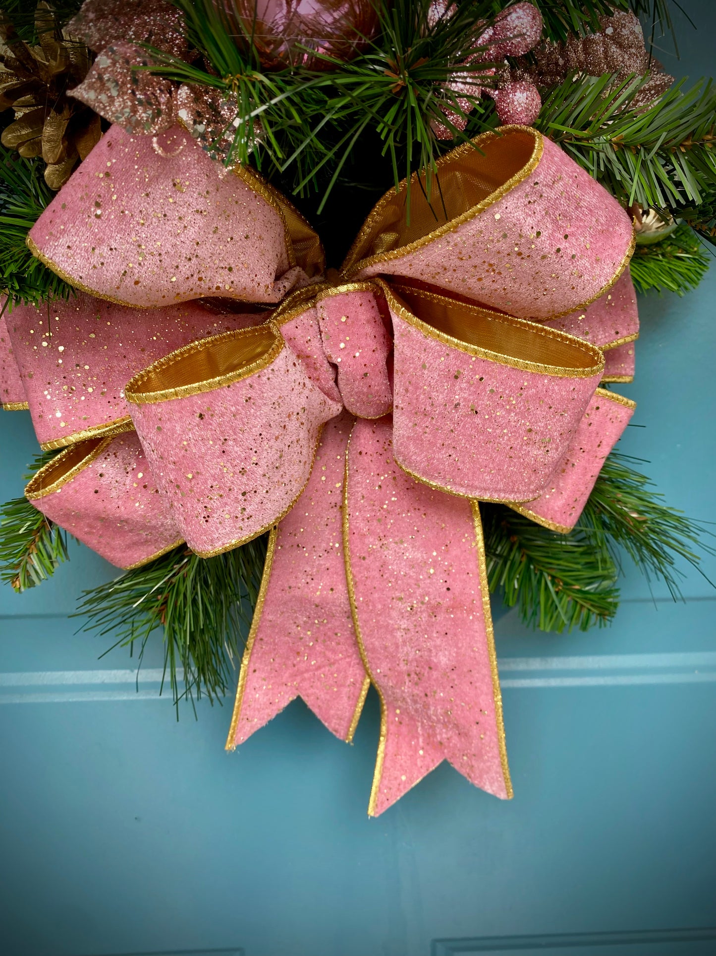 Pink Velvet Christmas Teardrop Swag, Lighted Cordless Artificial Wall Tree, Holiday Door Decor