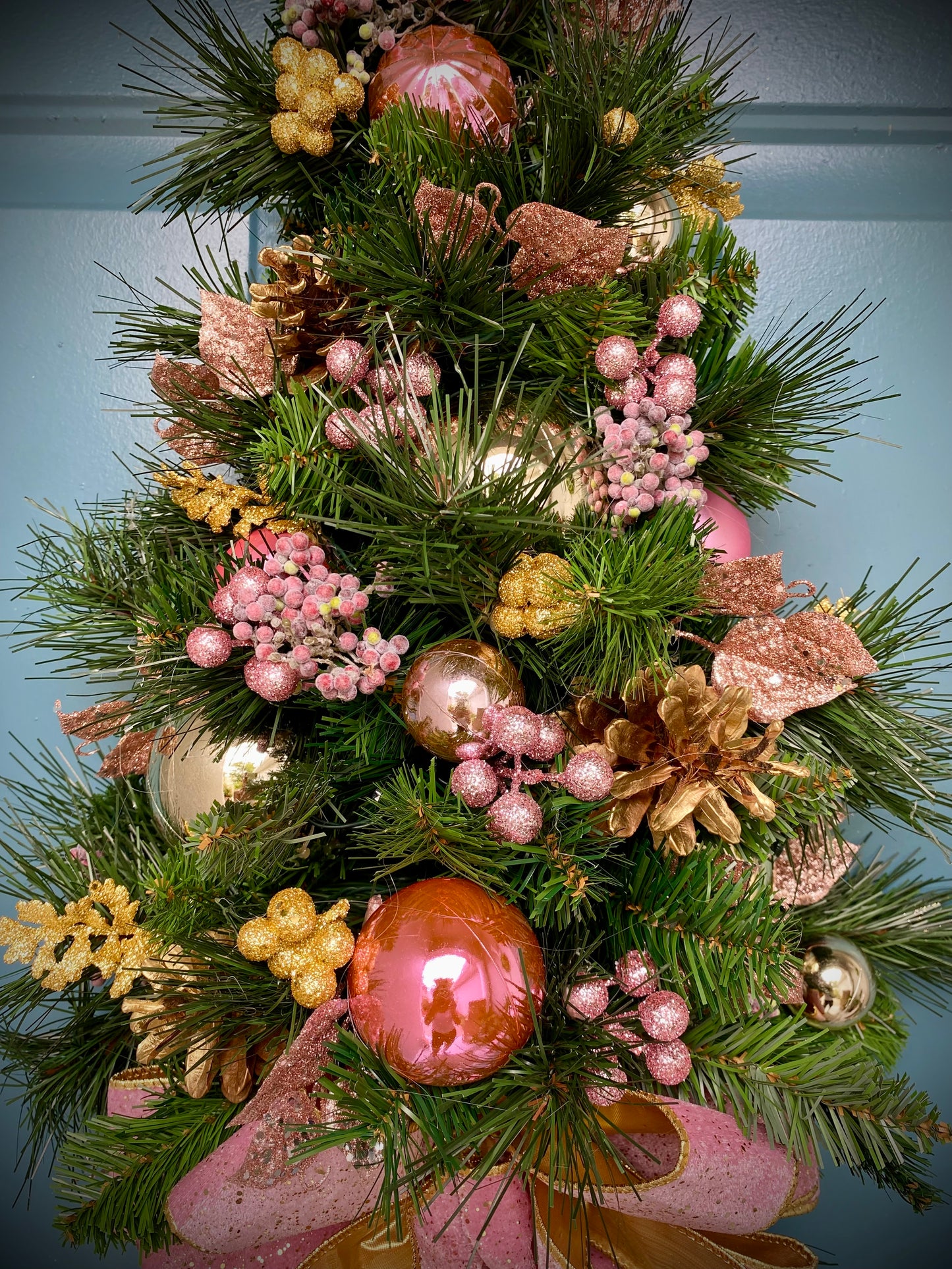 Pink Velvet Christmas Teardrop Swag, Lighted Cordless Artificial Wall Tree, Holiday Door Decor