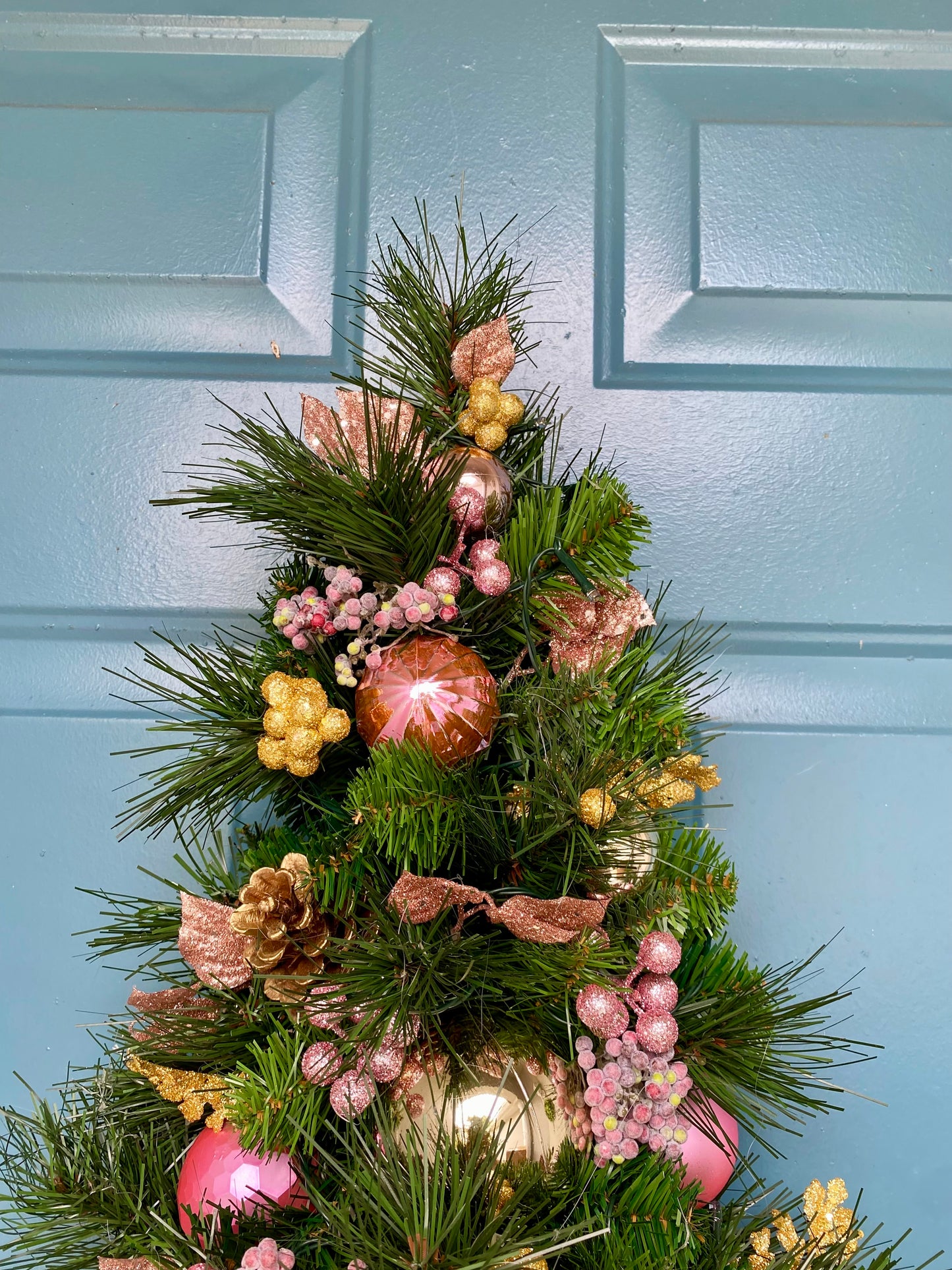 Pink Velvet Christmas Teardrop Swag, Lighted Cordless Artificial Wall Tree, Holiday Door Decor