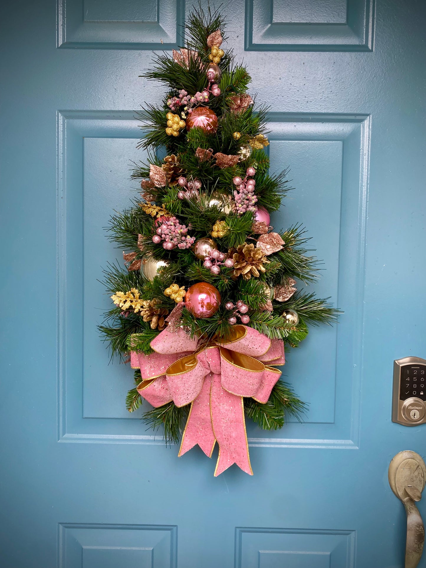 Pink Velvet Christmas Teardrop Swag, Lighted Cordless Artificial Wall Tree, Holiday Door Decor