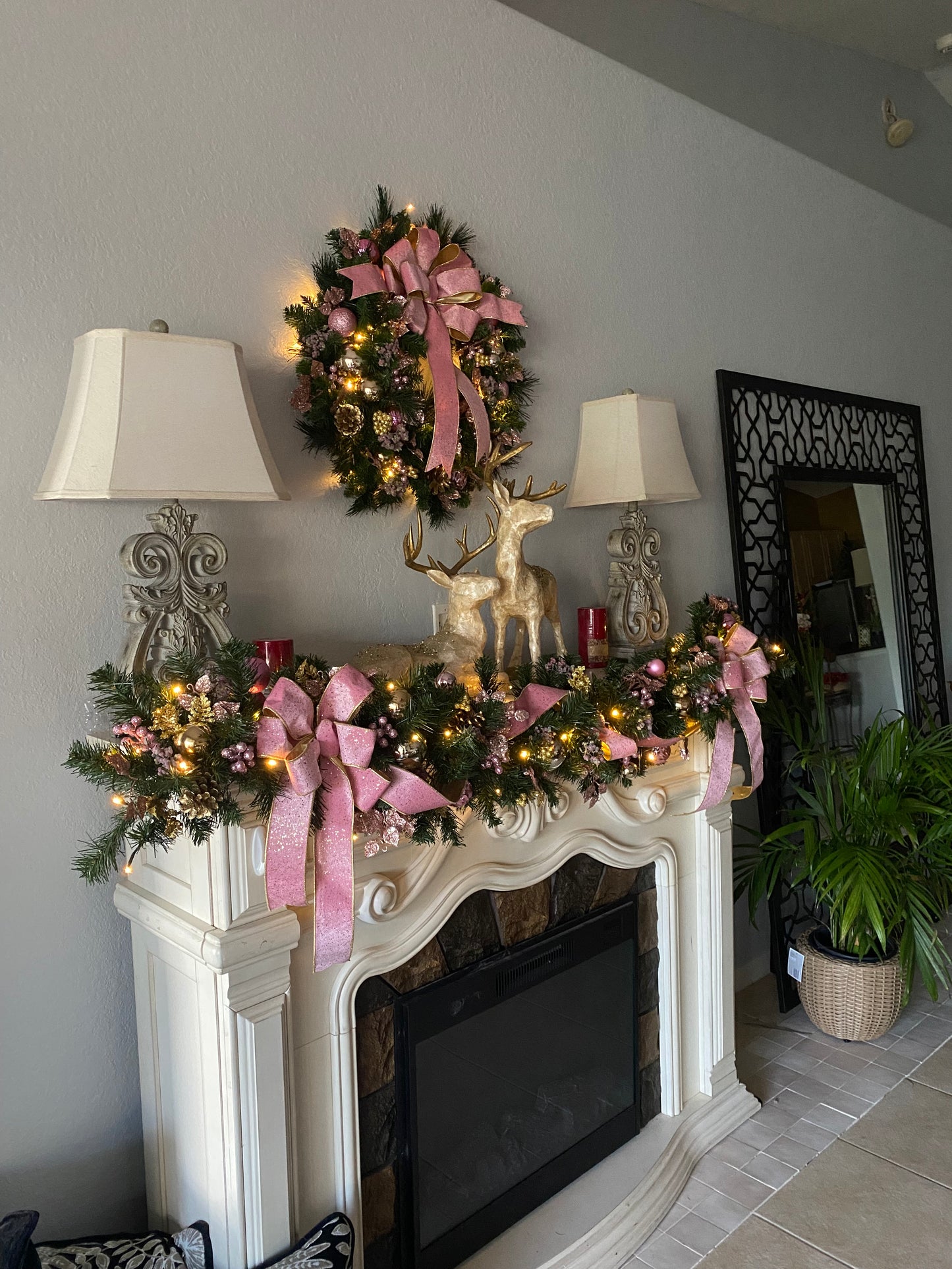Pink Velvet Christmas Wreath and Garland Set,  Artificial Luxury LED Lighted, Holiday Decor