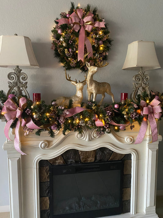 Pink Velvet Christmas Wreath and Garland Set,  Artificial Luxury LED Lighted, Holiday Decor