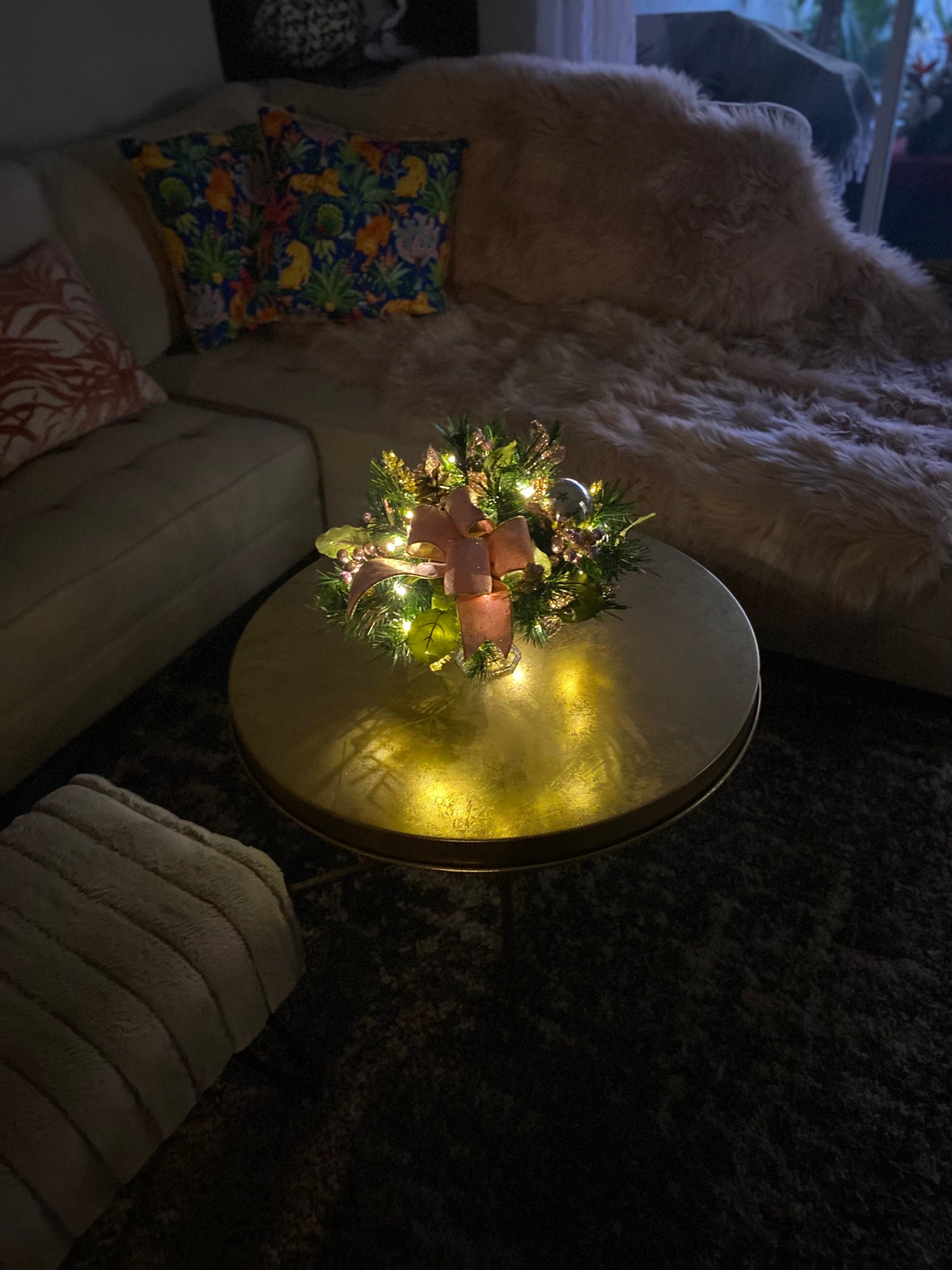 Luxury Pink velvet and gold trimmed ribbon bow. Charming centerpiece for your table. Artificial Decor , LED light  with Automatic timer-ed lights.