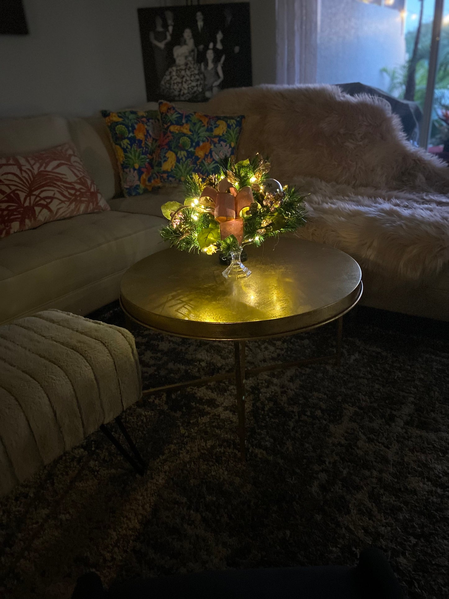 Luxury Pink velvet and gold trimmed ribbon bow. Charming centerpiece for your table. Artificial Decor , LED light  with Automatic timer-ed lights.