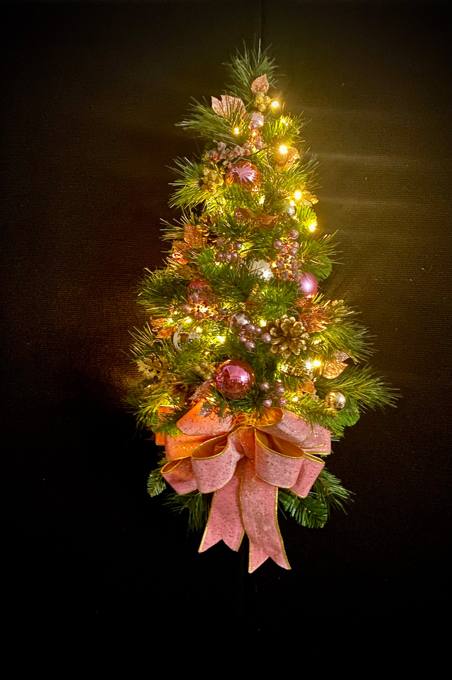 Pink Velvet Christmas Teardrop Swag, Lighted Cordless Artificial Wall Tree, Holiday Door Decor