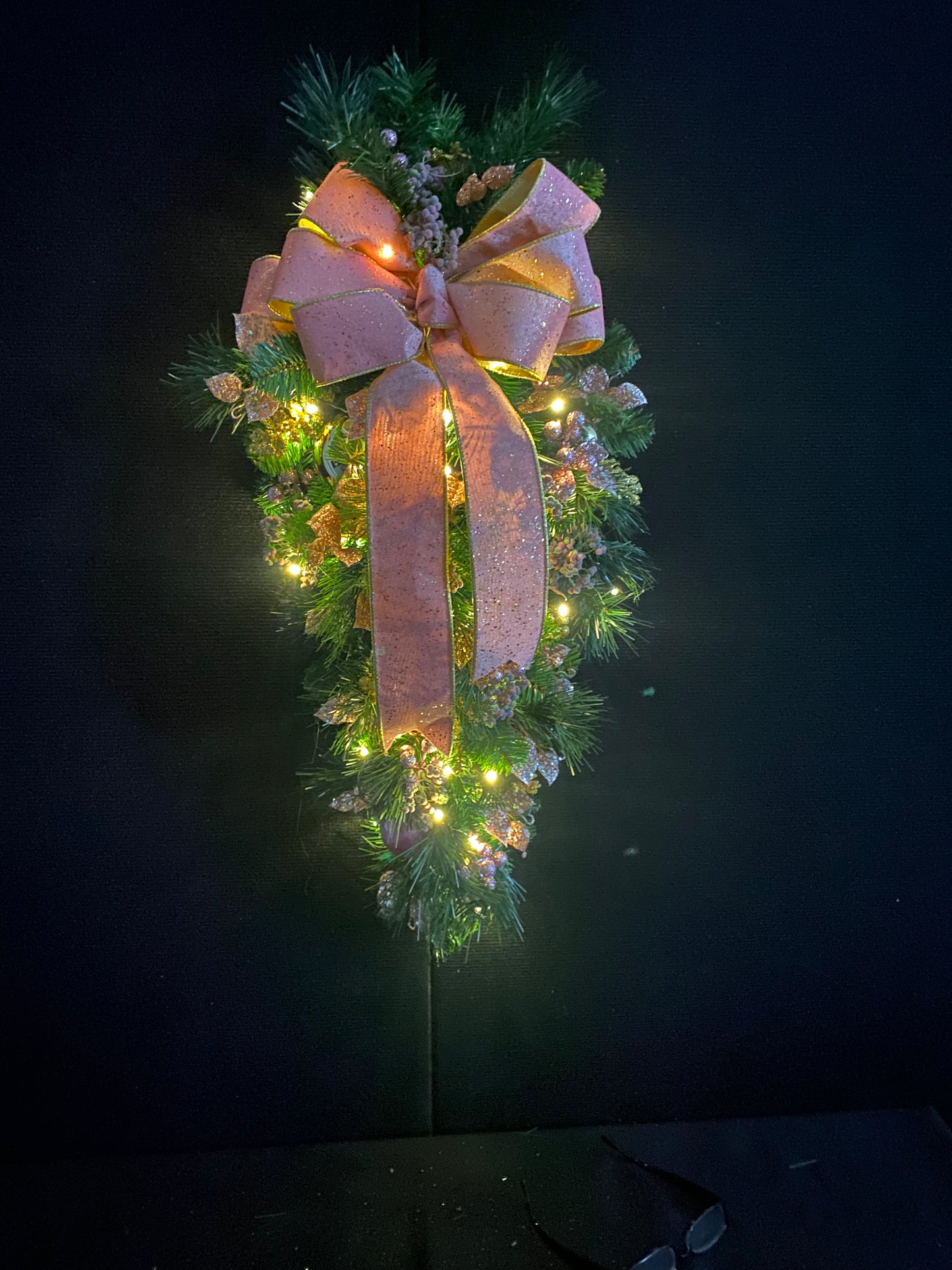 Pink Velvet Christmas Teardrop Swag, Lighted Cordless Artificial Swag, Holiday Door Decor