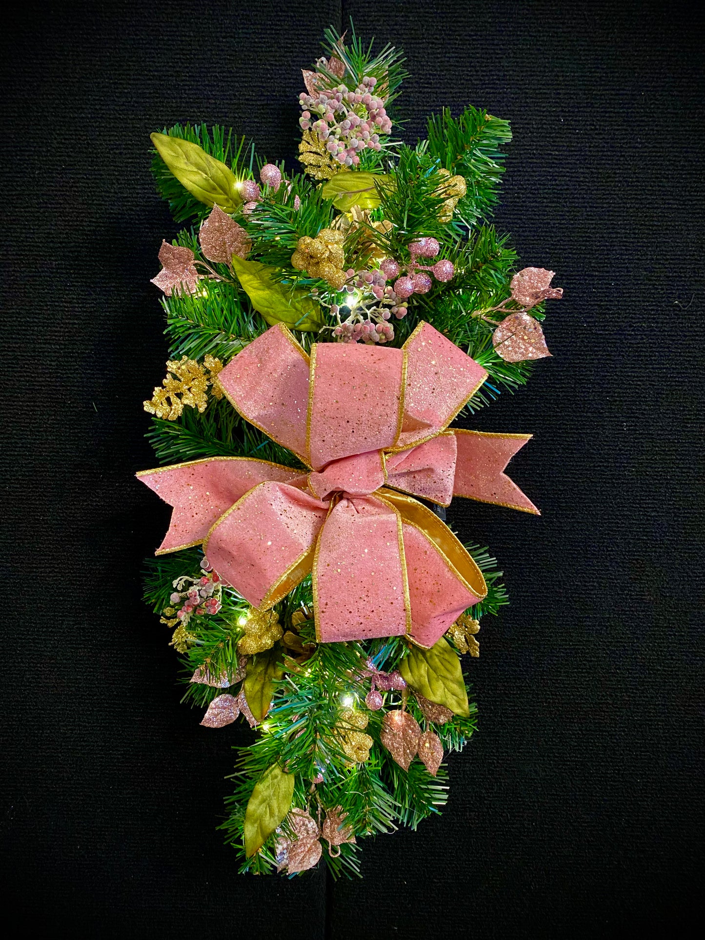 Set of 3 Pink Velvet  Luxury Staircase swags. Pre-lit  Artificial Holiday Decoration.