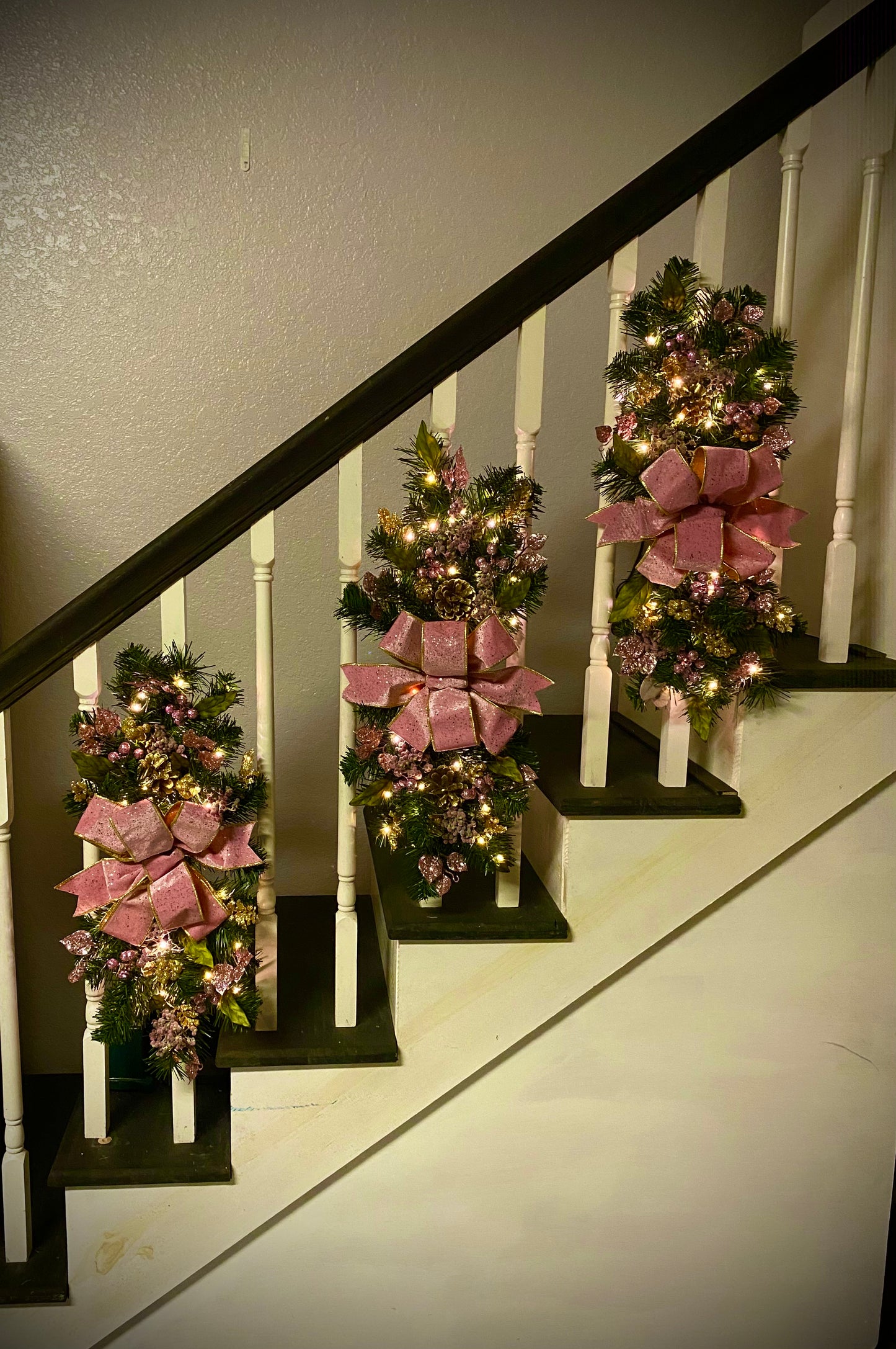 Set of 3 Pink Velvet  Luxury Staircase swags. Pre-lit  Artificial Holiday Decoration.