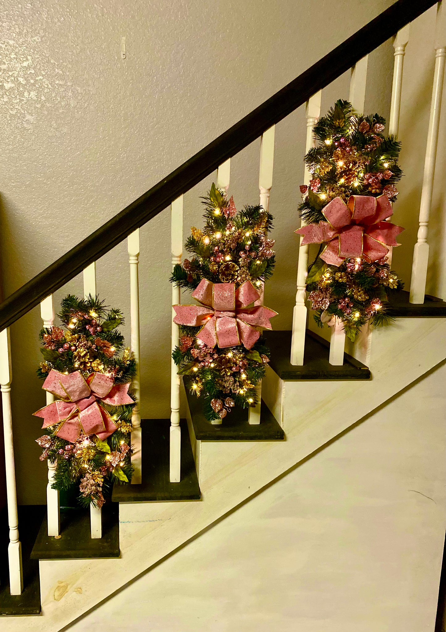Set of 3 Pink Velvet  Luxury Staircase swags. Pre-lit  Artificial Holiday Decoration.
