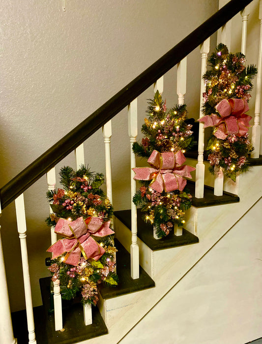 Set of 3 Pink Velvet  Luxury Staircase swags. Pre-lit  Artificial Holiday Decoration.