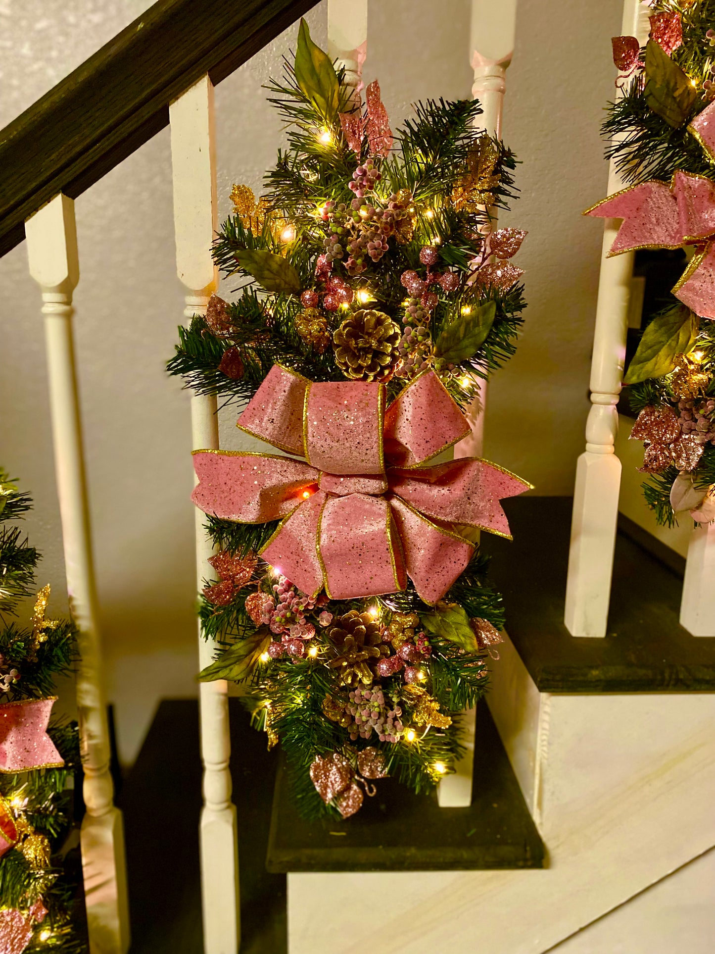 Set of 3 Pink Velvet  Luxury Staircase swags. Pre-lit  Artificial Holiday Decoration.