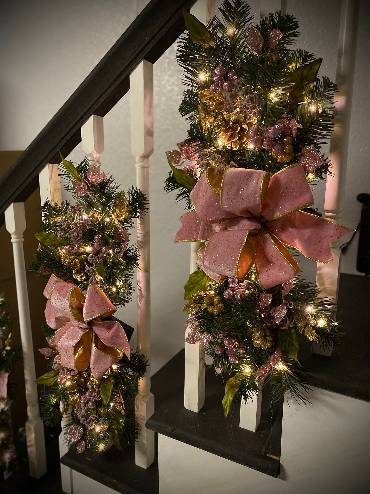 Set of 3 Pink Velvet  Luxury Staircase swags. Pre-lit  Artificial Holiday Decoration.