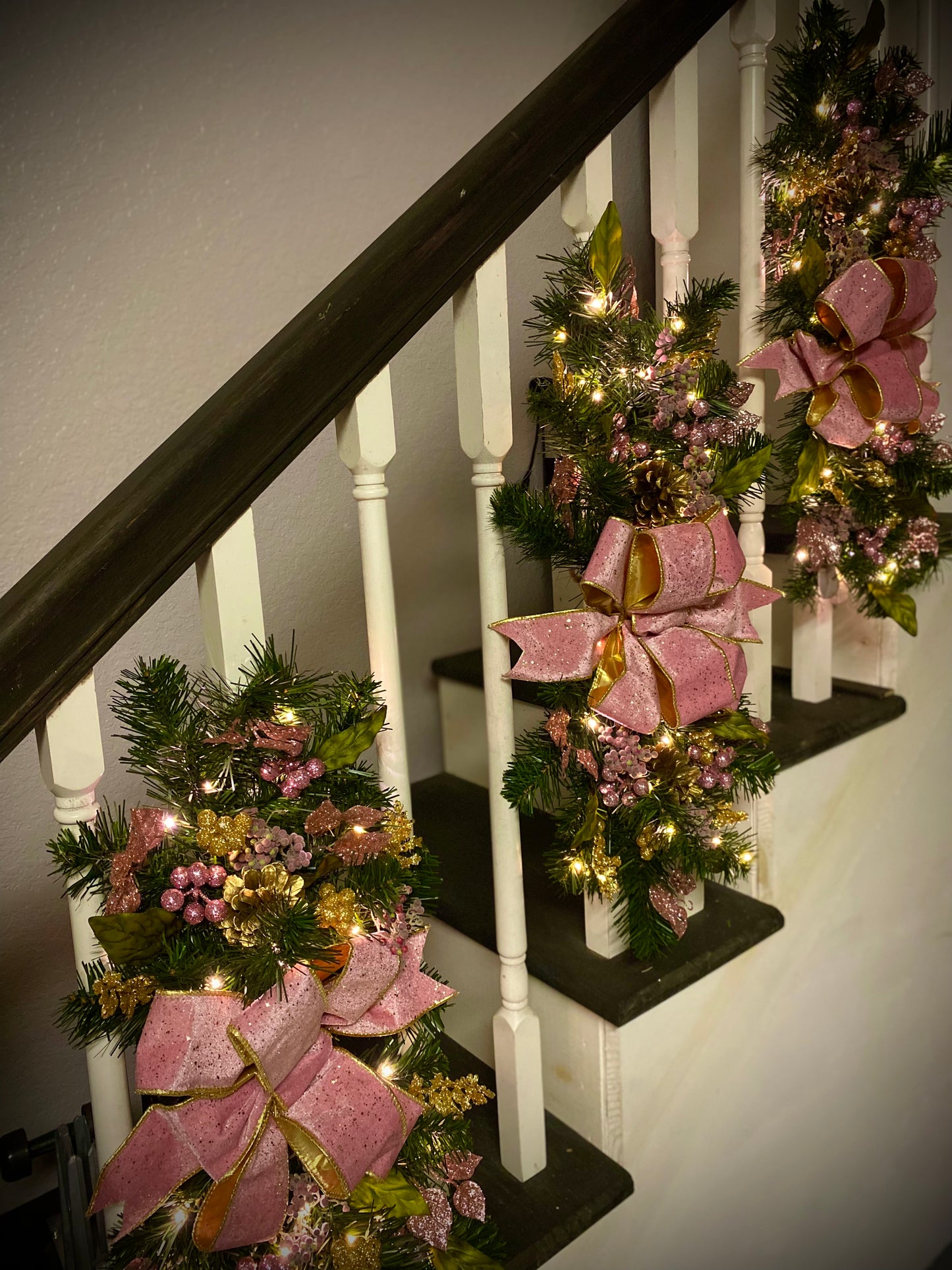 Set of 3 Pink Velvet  Luxury Staircase swags. Pre-lit  Artificial Holiday Decoration.