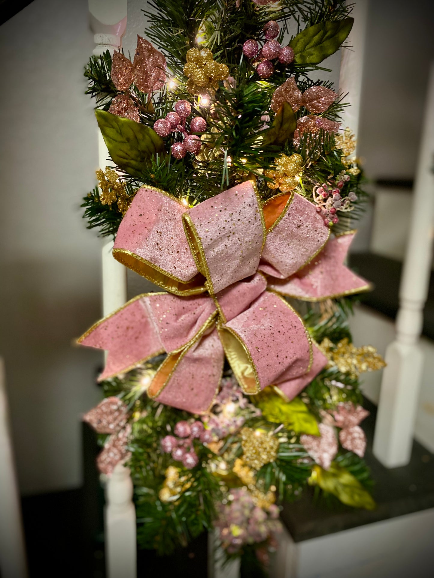 Set of 3 Pink Velvet  Luxury Staircase swags. Pre-lit  Artificial Holiday Decoration.
