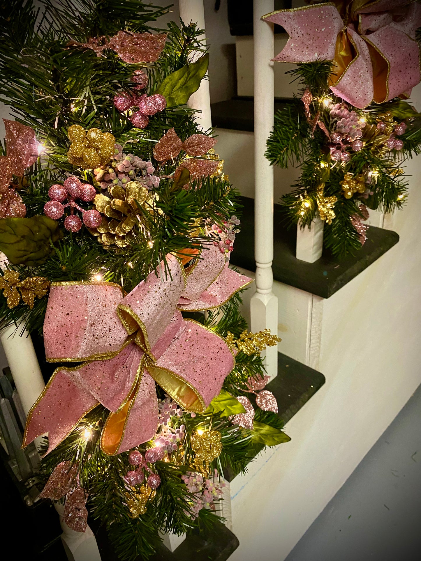 Set of 3 Pink Velvet  Luxury Staircase swags. Pre-lit  Artificial Holiday Decoration.