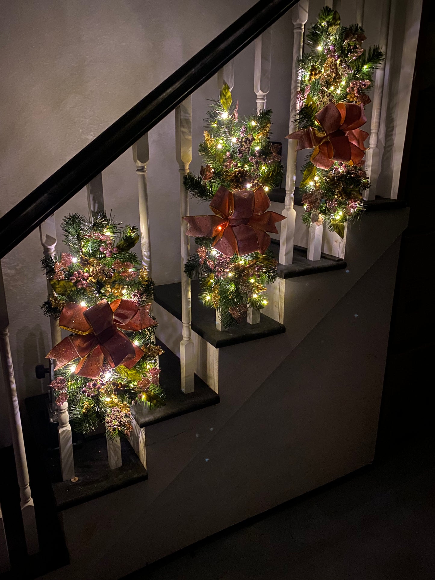 Set of 3 Pink Velvet  Luxury Staircase swags. Pre-lit  Artificial Holiday Decoration.