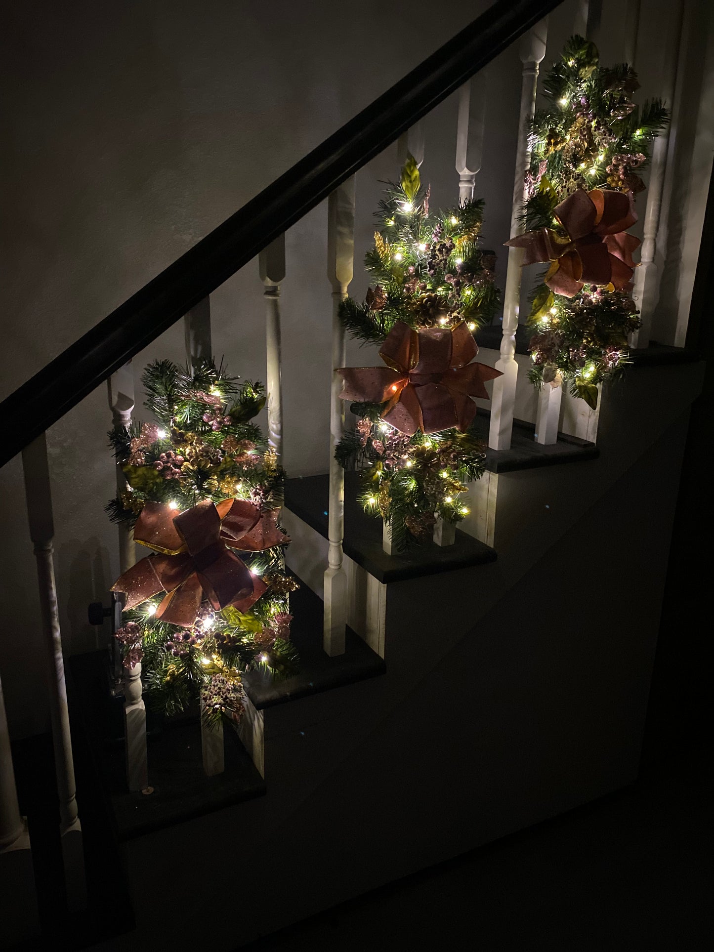 Set of 3 Pink Velvet  Luxury Staircase swags. Pre-lit  Artificial Holiday Decoration.