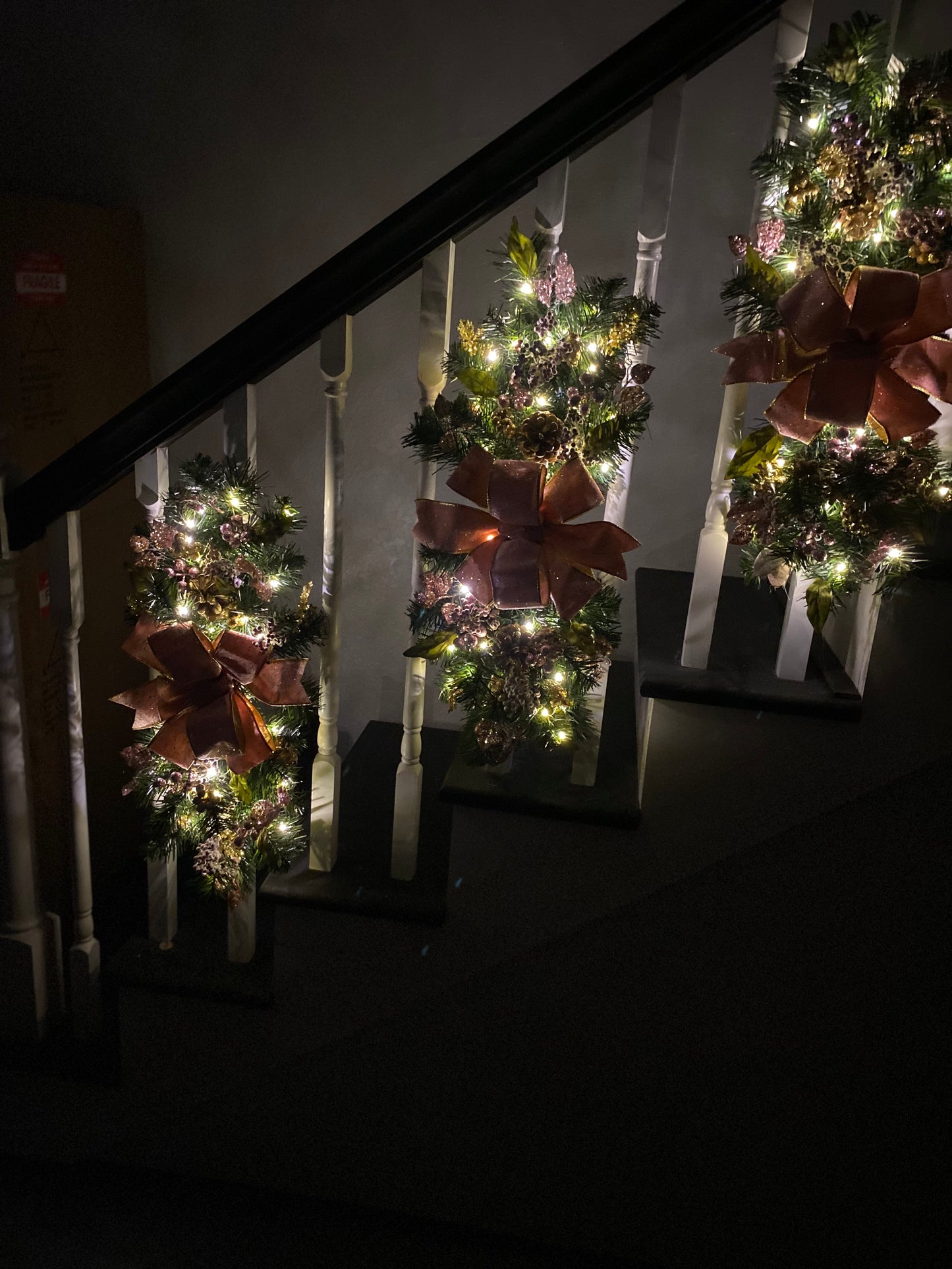 Set of 3 Pink Velvet  Luxury Staircase swags. Pre-lit  Artificial Holiday Decoration.