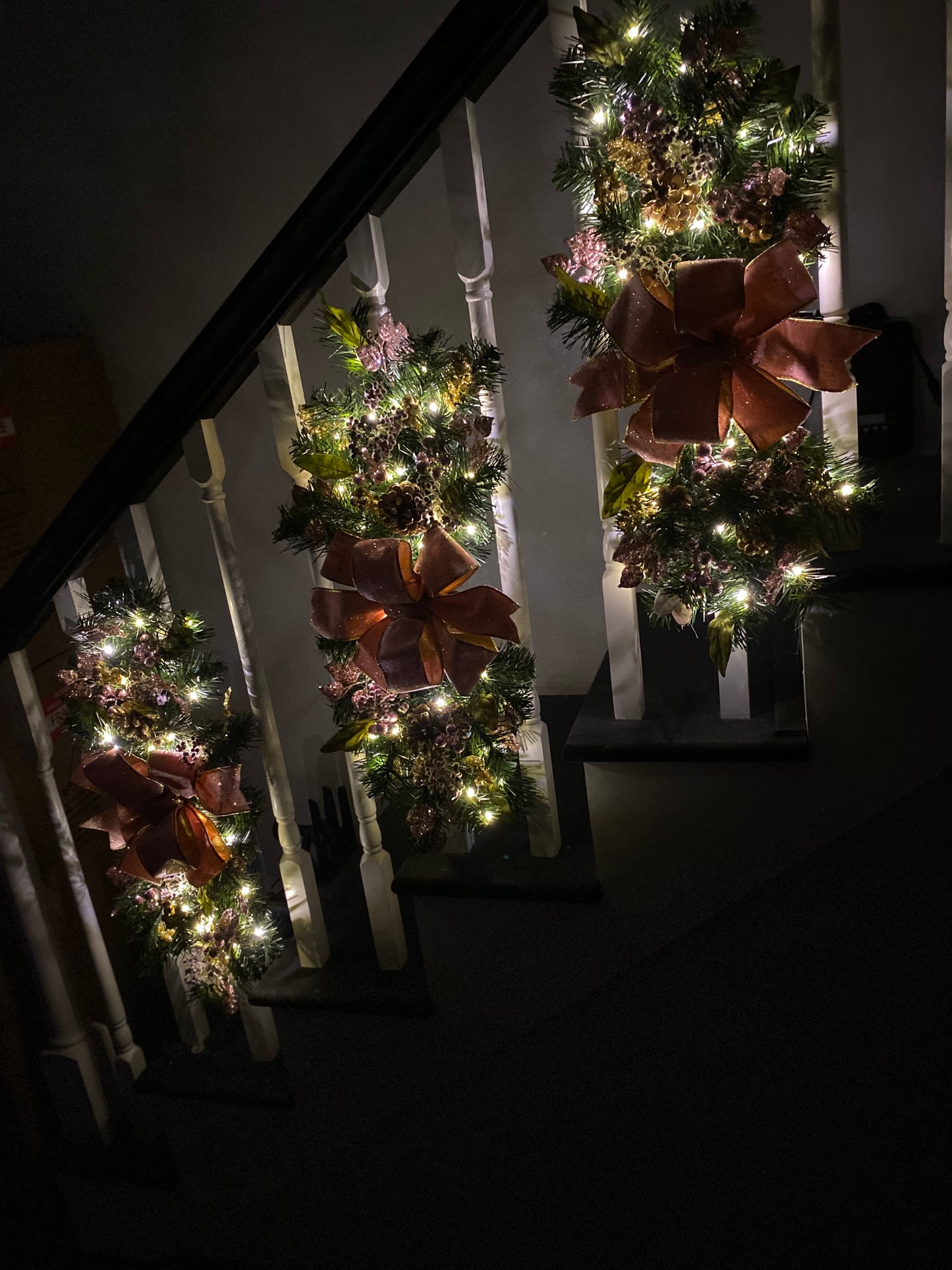 Set of 3 Pink Velvet  Luxury Staircase swags. Pre-lit  Artificial Holiday Decoration.