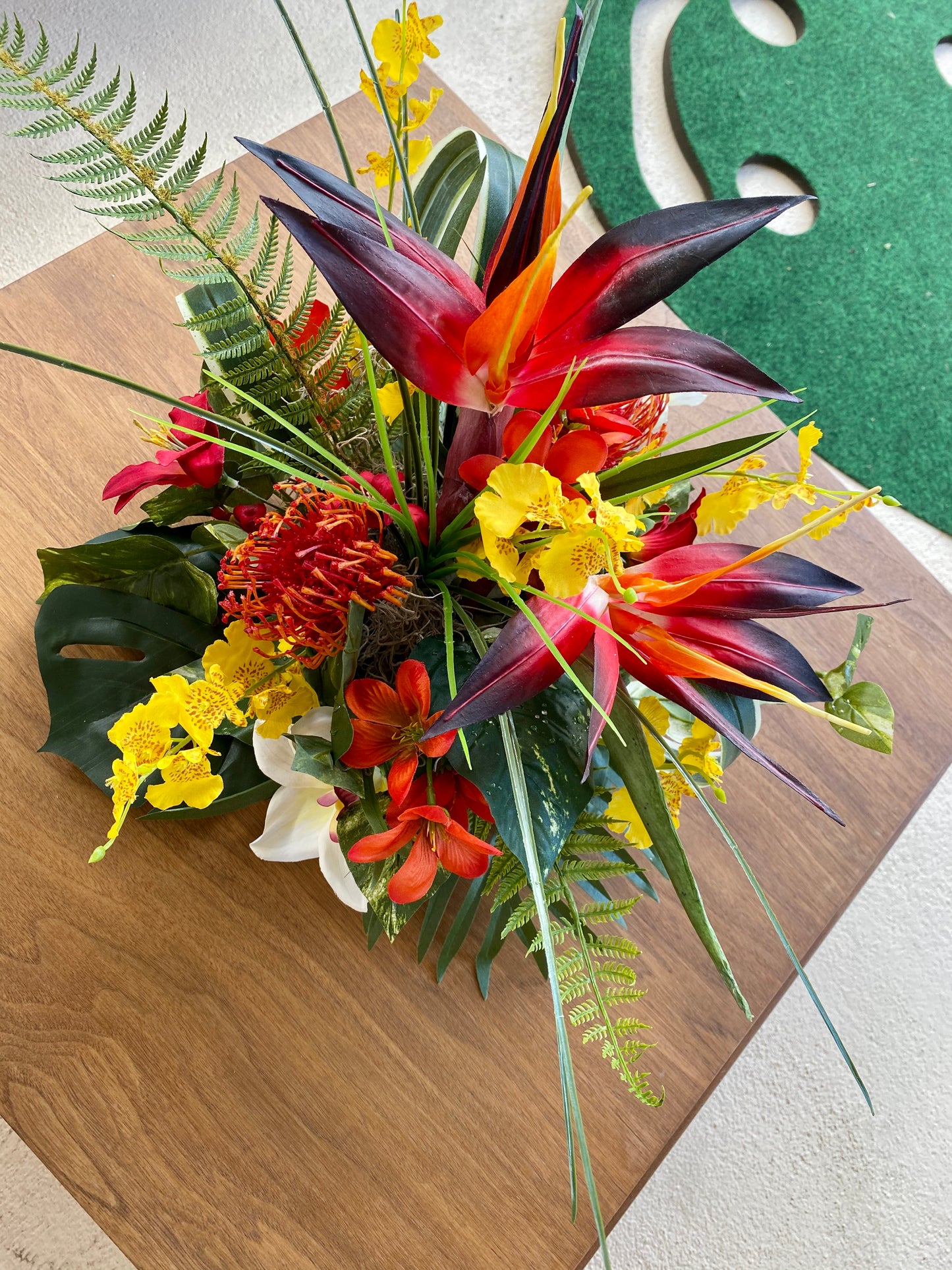 Tropical Faux Floral Arrangement, Bird of Paradise, Cymbidium Orchid Centerpiece