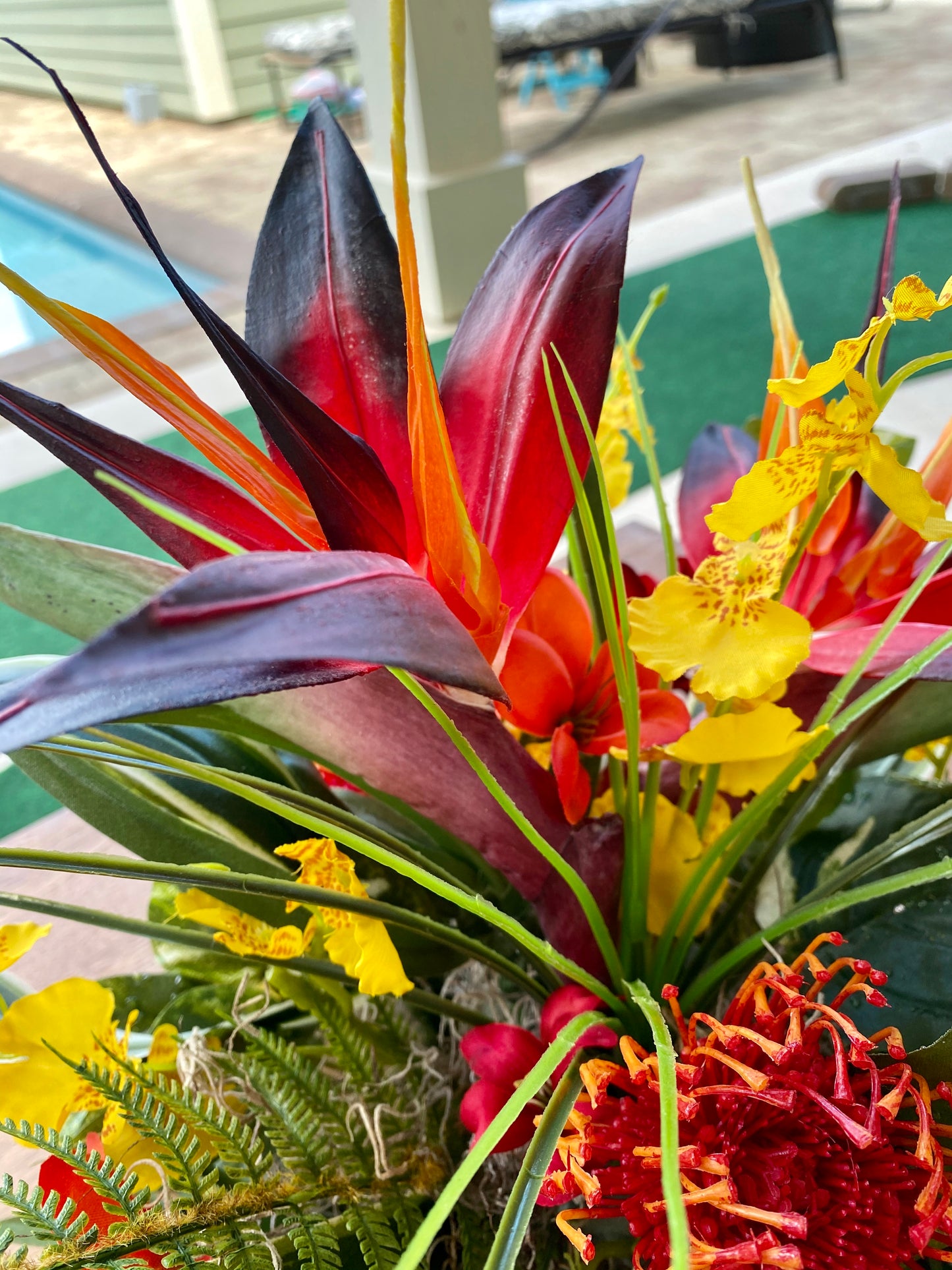 Tropical Faux Floral Arrangement, Bird of Paradise, Cymbidium Orchid Centerpiece
