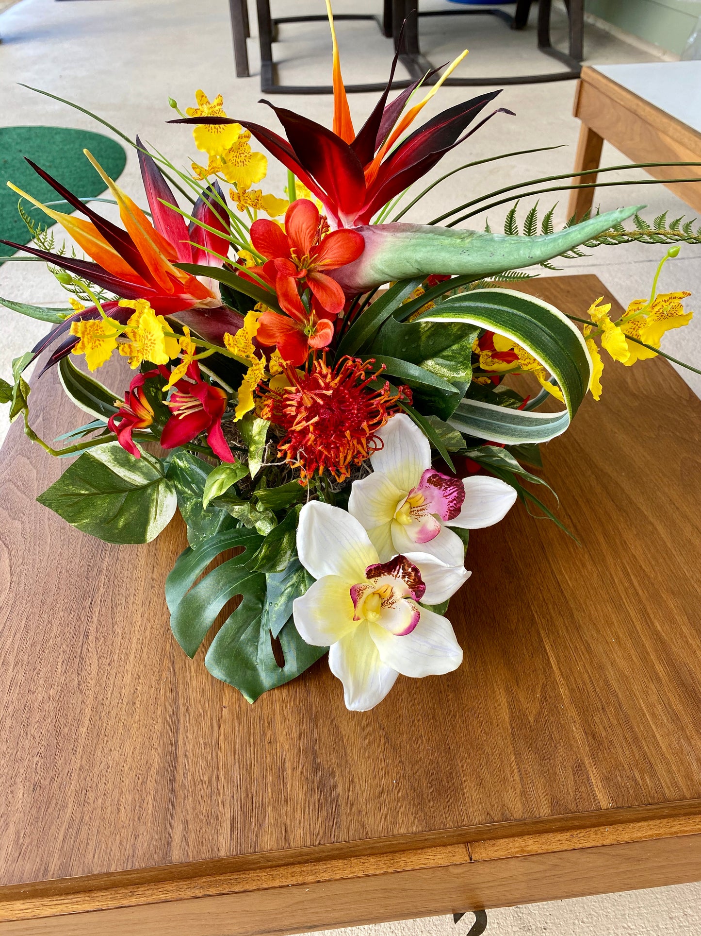 Tropical Faux Floral Arrangement, Bird of Paradise, Cymbidium Orchid Centerpiece