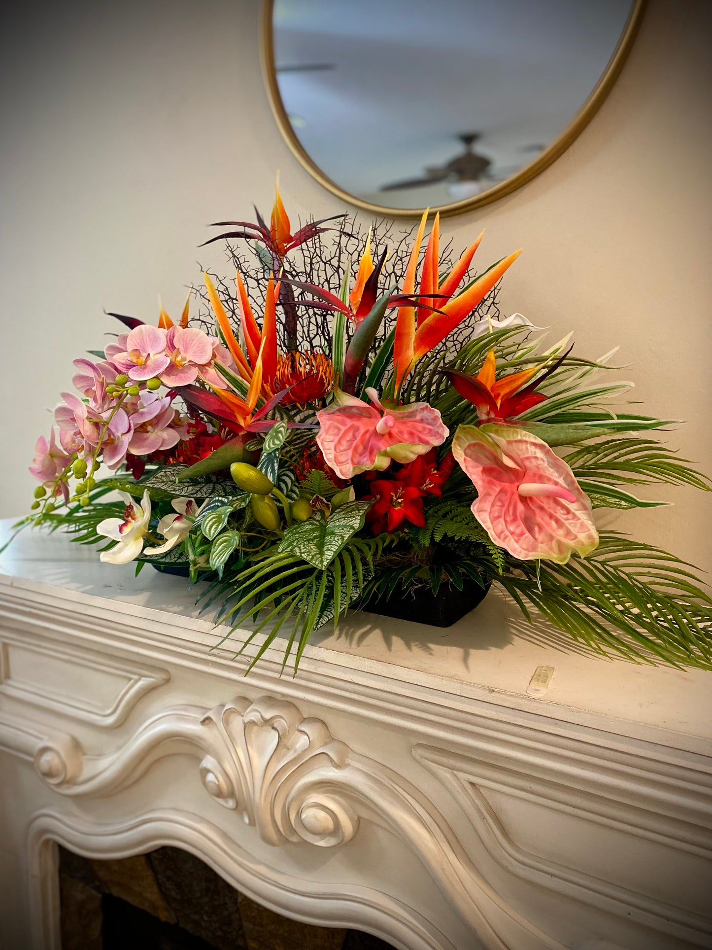 Luxury Tropical Arrangement. Artificial Centerpiece.  Bird of Paradise Home Decor