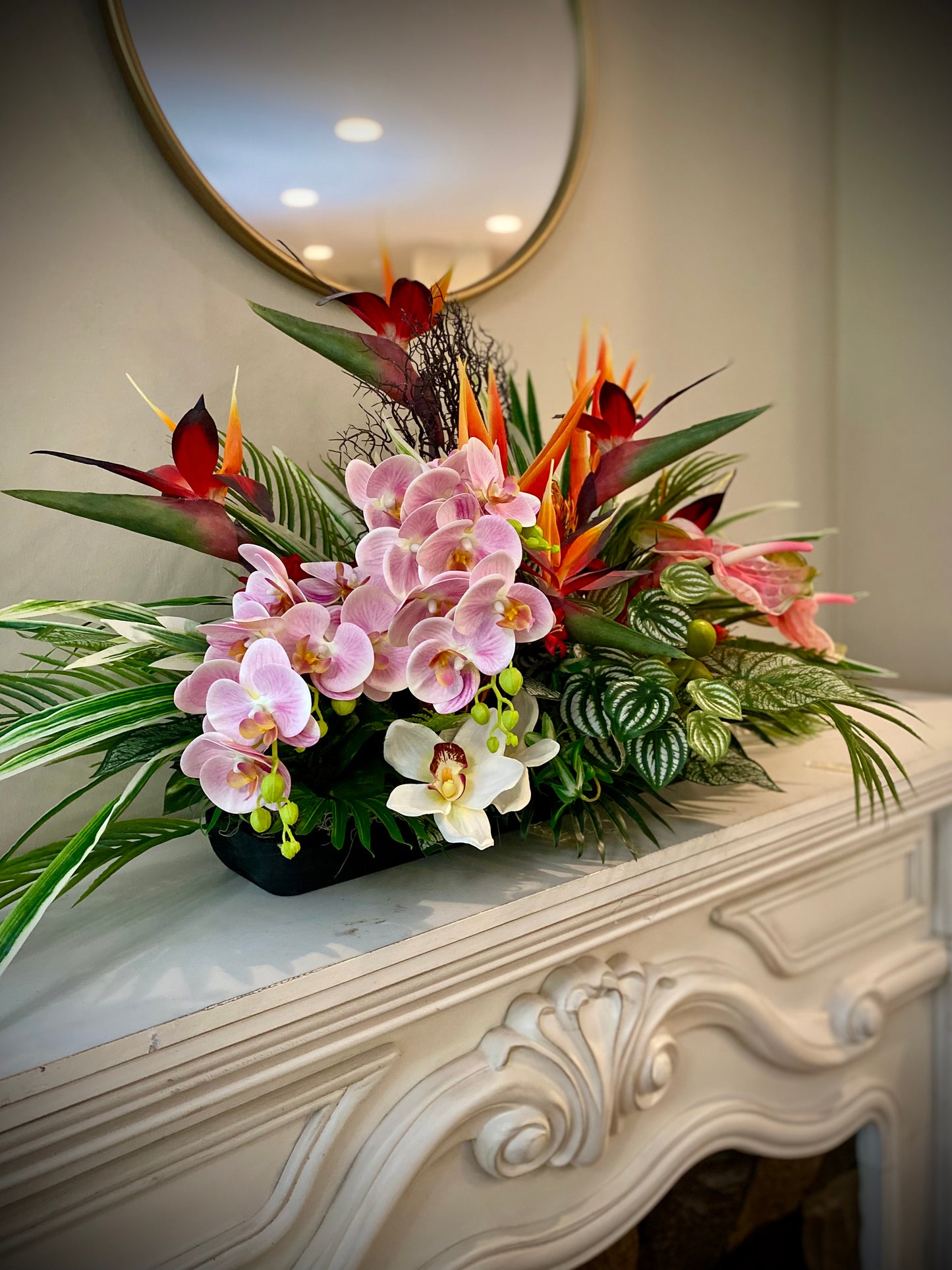 Luxury Tropical Arrangement. Artificial Centerpiece.  Bird of Paradise Home Decor