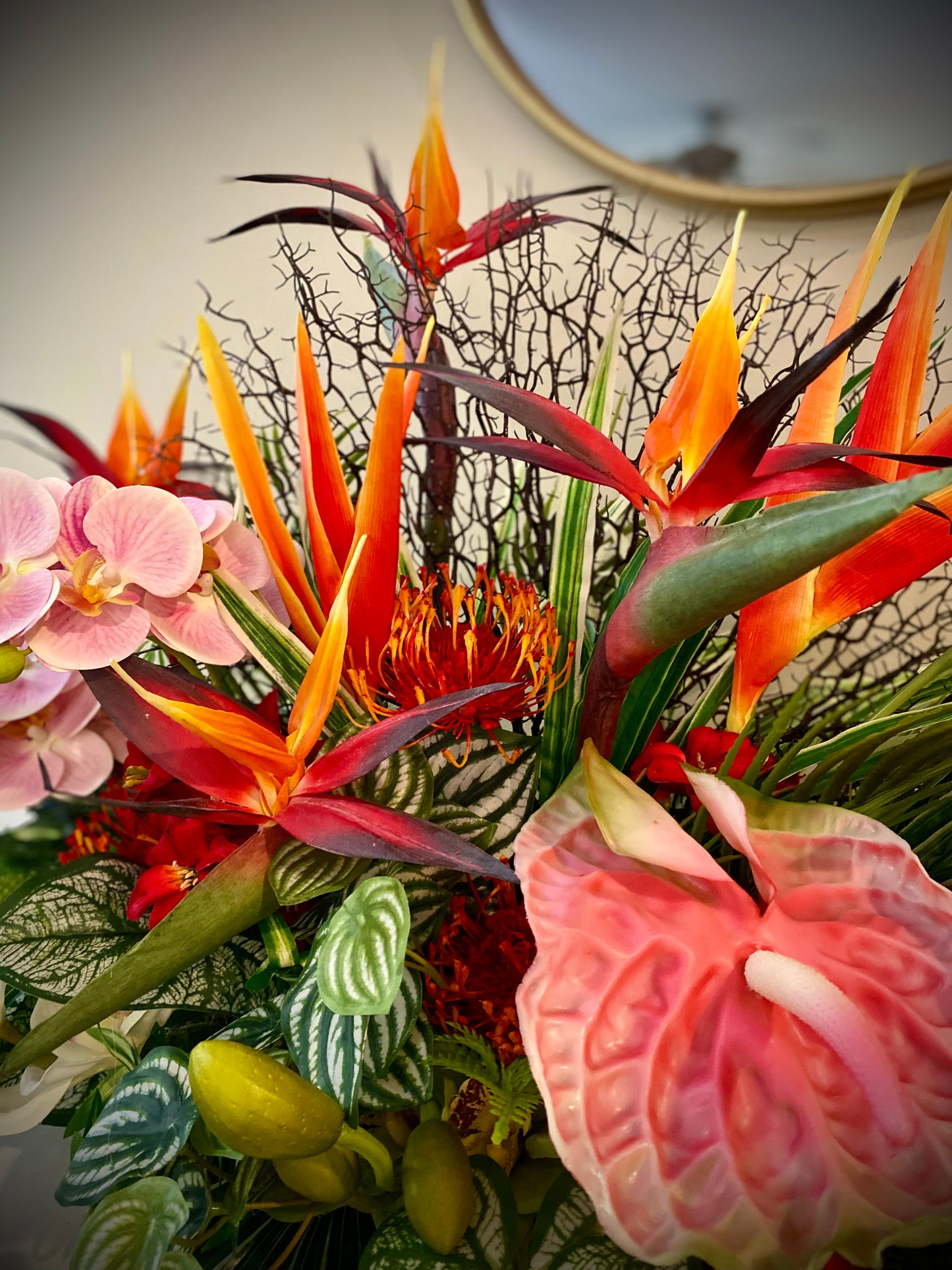 Luxury Tropical Arrangement. Artificial Centerpiece.  Bird of Paradise Home Decor